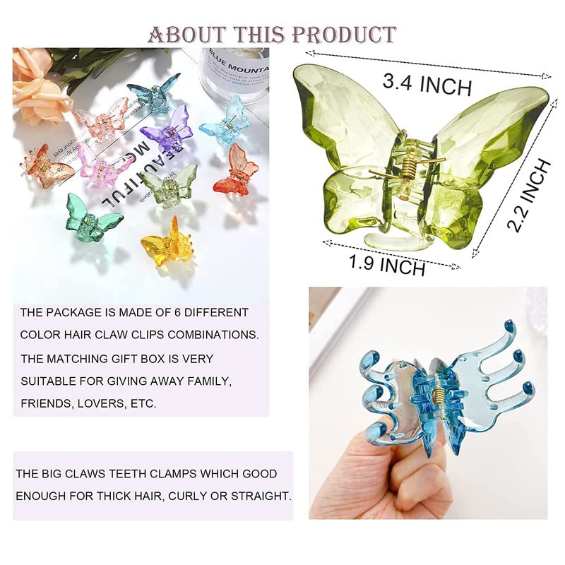 FAMEZA Large Butterfly Hair Claw Clip - 3.4 Inch Clear Jaw Clips for Thick Hair - Jumbo Hair Clips for Women & Girls (Crystal 6 Pack) - Perfect for Updos, Ponytails & Everyday Hairstyles