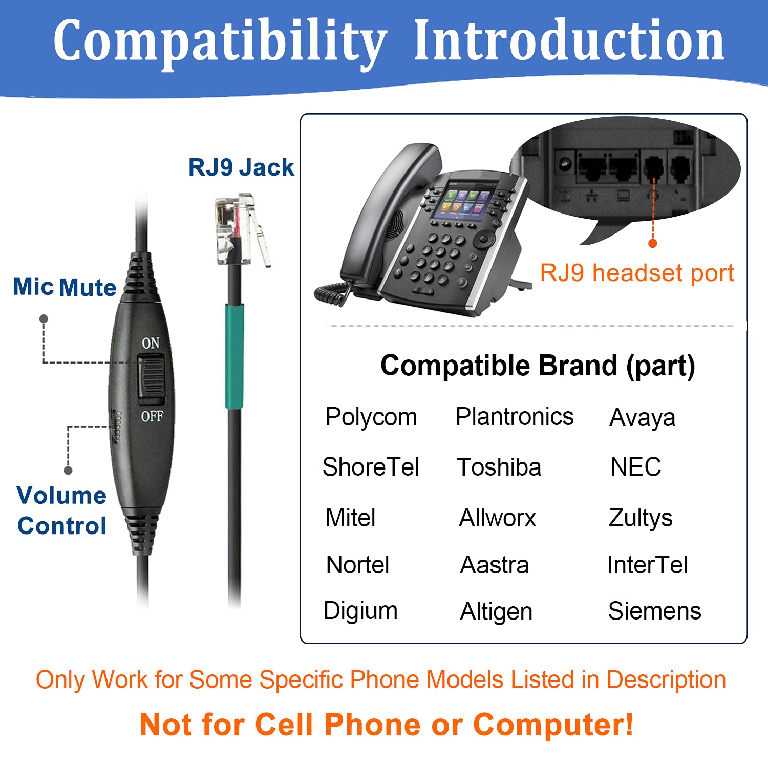 Noise Cancelling RJ9 Phone Headset with Volume Control - Compatible with Polycom VVX310/410/411, Plantronics S12, Avaya 1416/5410, Mitel 5320e, ShoreTel 230 - Ideal for Office Calls, Customer Service & Remote Work
