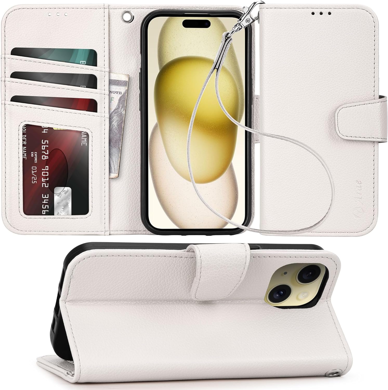 iPhone 15 Pro Case with Card Holder & Wrist Strap - Slim Wallet Flip Cover in Rose Gold | Perfect for Everyday Use, Travel & Hands-Free Convenience