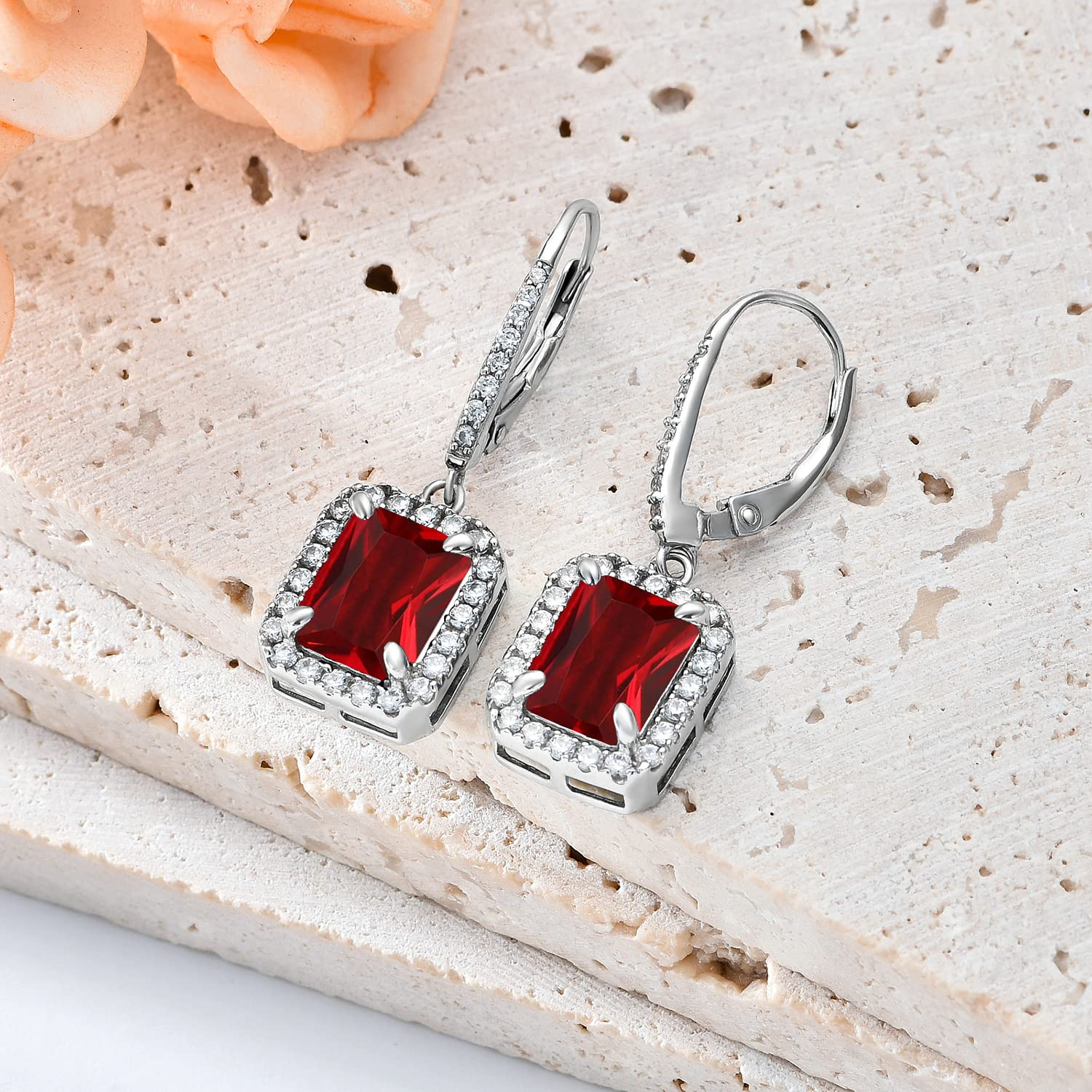 S925 Sterling Silver Birthstone Dangle Earrings - 18K White Gold Plated 9x7mm Created Emerald Leverback Earrings for Women, Ladies & Mom | Perfect Gift for Birthday, Anniversary & Special Occasions