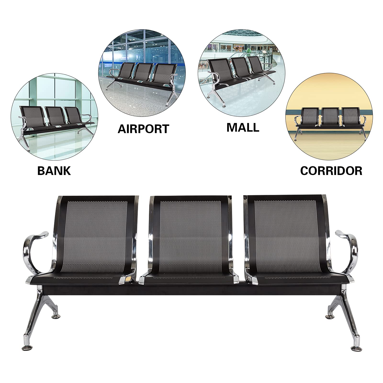 Kinfant 3-Seat Waiting Room Bench - Black Mesh Reception Chairs for Airport, Hospital, Bank, Salon & Conference Rooms | Comfortable Guest Seating Solution for Lobbies & Waiting Areas