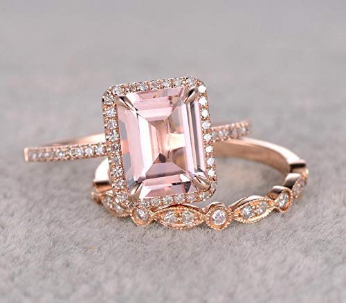 1.50 Carat Emerald Cut Morganite & Diamond Halo Bridal Ring Set in 18K Gold Plating - Elegant Wedding & Engagement Jewelry for Brides, Anniversary Gift