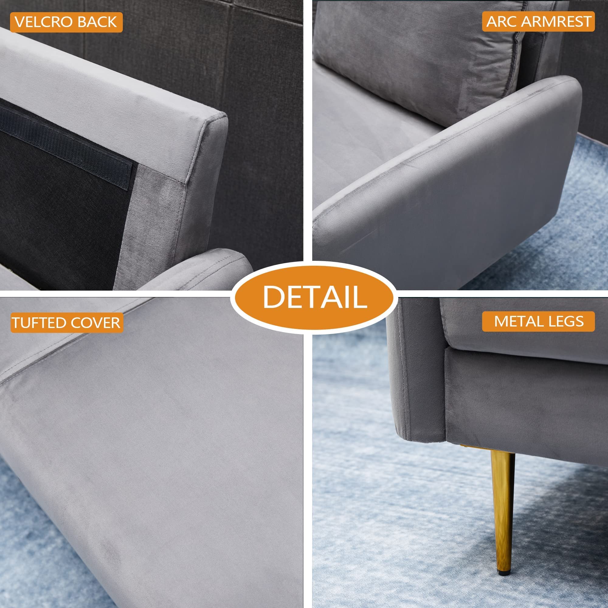 Luxury Velvet Sofa - Modern Tufted Loveseat with Sturdy Metal Legs for Living Room, Bedroom, Office | Soft Grey Contemporary Couch for Small Spaces & Cozy Home Decor