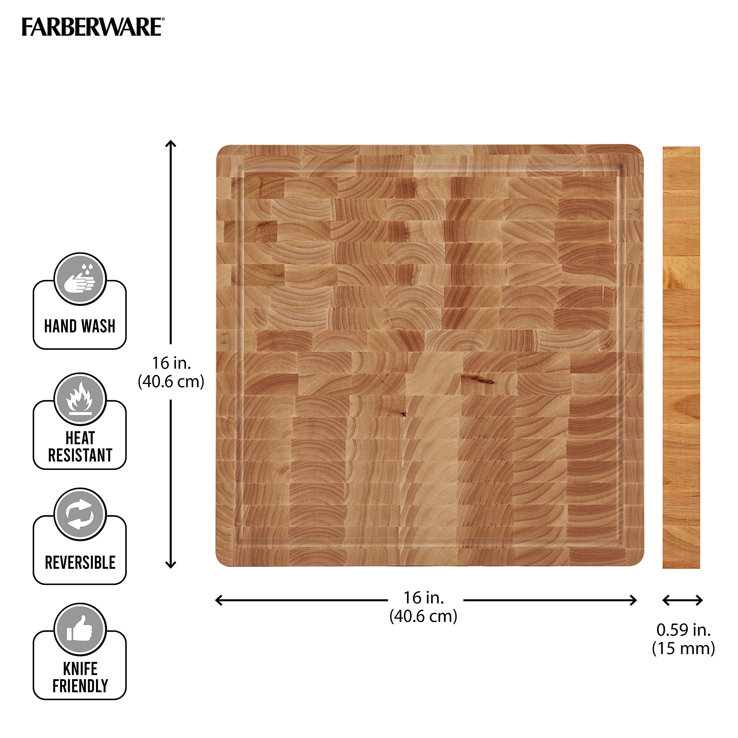 Premium Farberware 16x16 Inch Thick End Grain Rubberwood Cutting Board with Juice Groove & Finger Grips - Natural Wood Chopping Block for Meat, Vegetables & Fruits - Ideal for Kitchen Prep, Butchering & Serving Charcuterie