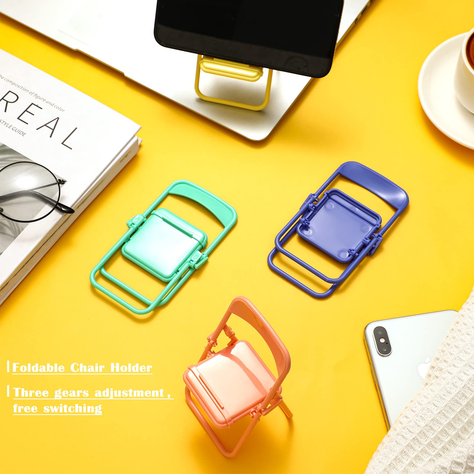 Flutesan 4-Pack Mini Folding Chair Phone Stand - Adjustable Candy Color Mobile Holder for Desk, Dollhouse & Desktop - Perfect for Home Office, DIY Projects & Gift Giving