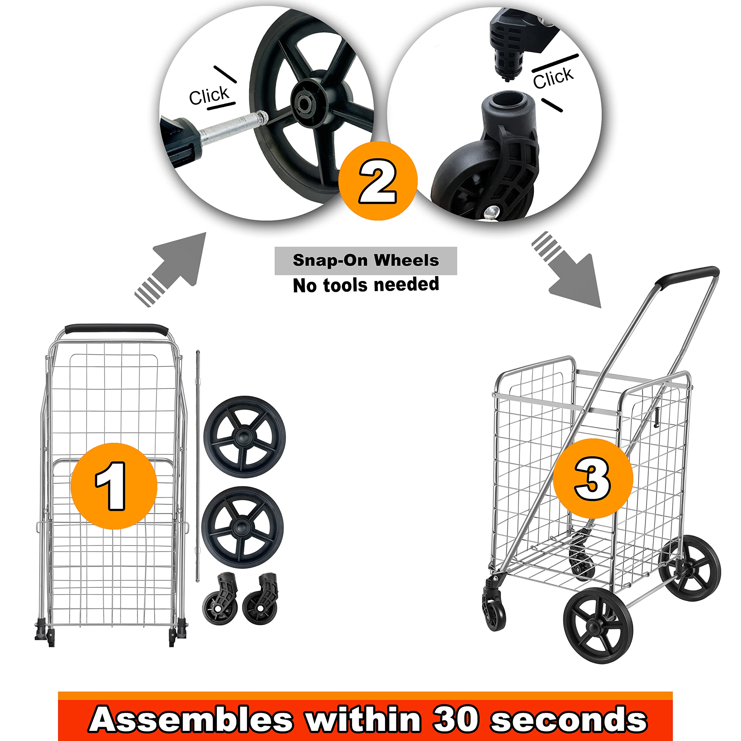 Wellmax WM99024S Heavy Duty Collapsible Grocery Shopping Cart with Swivel Wheels - Portable & Space Saving Lightweight Utility Trolley for Groceries, Laundry, and Outdoor Market Trips