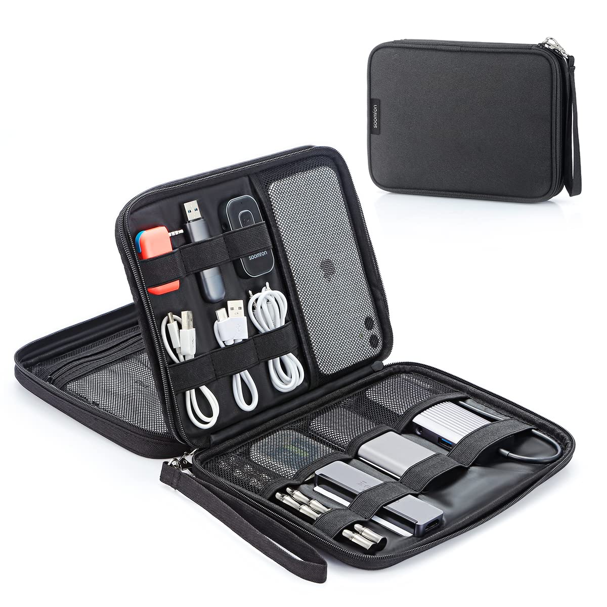 Waterproof Double Layer Electronics Organizer Travel Bag - Portable Cable & Cord Storage Case for Charger, Phone, Earphones & Accessories (Black) | Perfect for Travel, Office & Home Organization