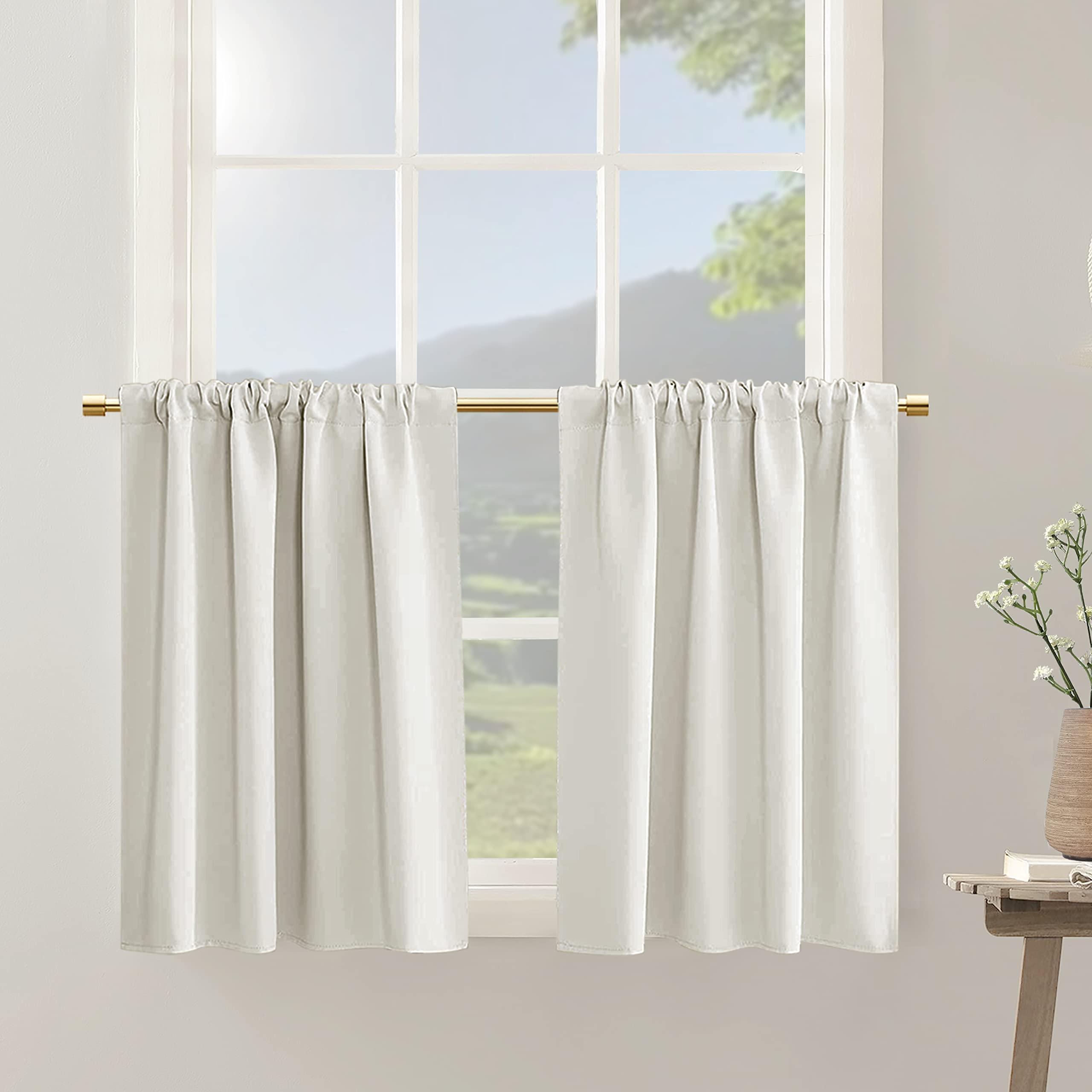 Small Kitchen Window Curtains - 30 Inch Rod Pocket Room Darkening Short Curtains for Nursery, Kids Bedroom & Bathroom | Sun & Heat Blocking | Cream Color | Perfect for Small Square Windows, Dorm Rooms & Tiny Home Decor