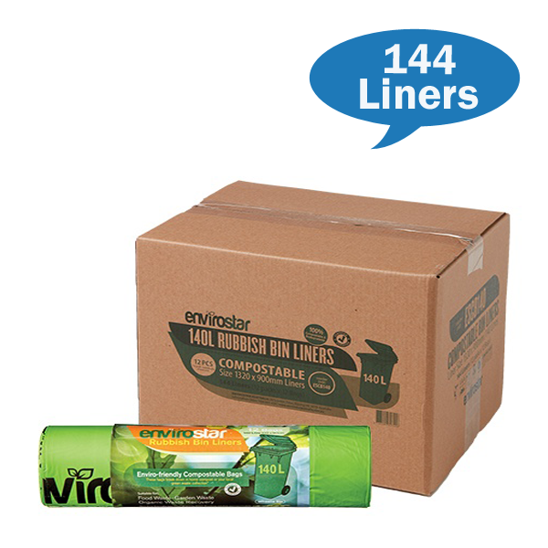 Envirostar 140L Compostable Trash Bags - 23 Micron Thick Eco-Friendly Garbage Bags for Kitchen, Yard & Commercial Use | Biodegradable Waste Solution