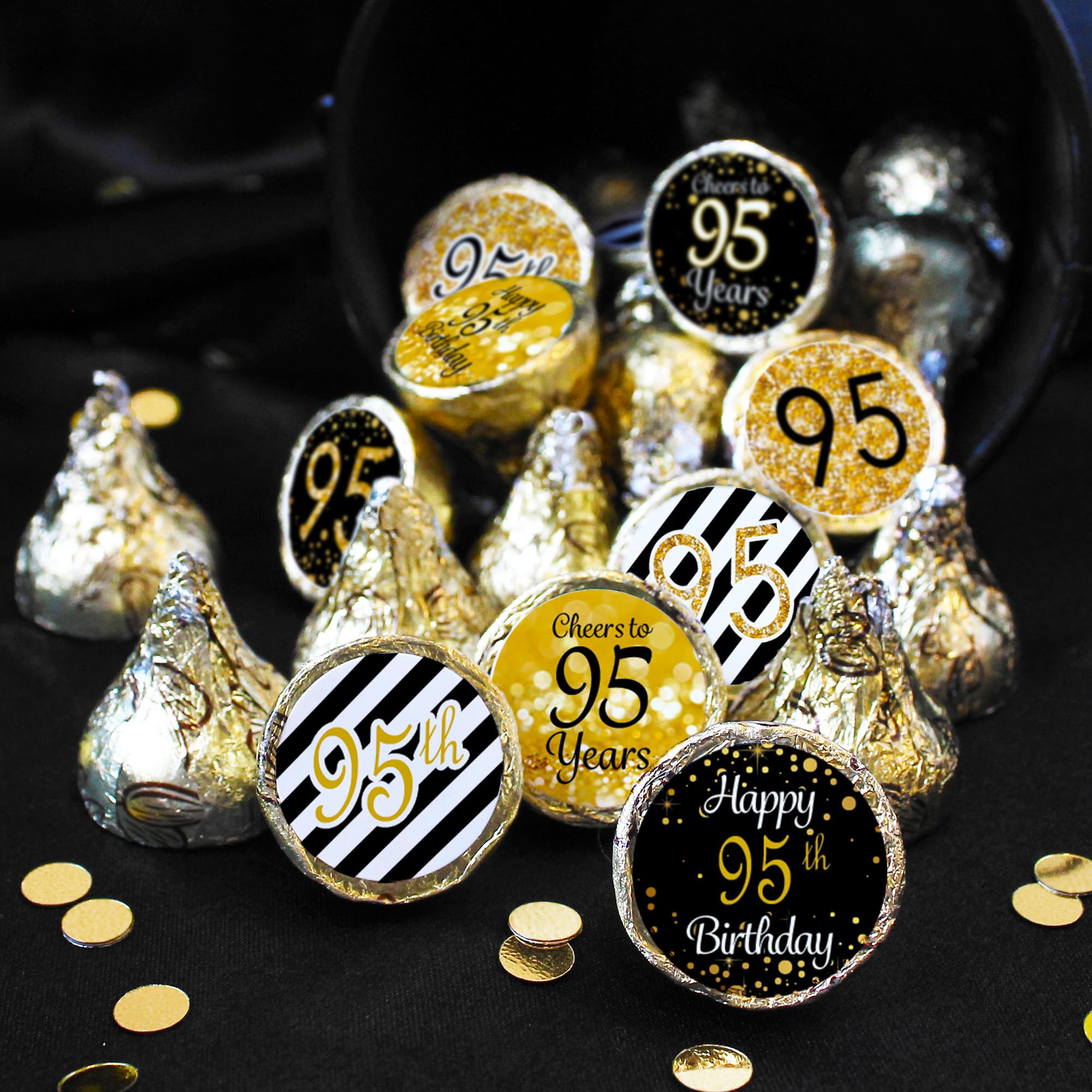 Black and Gold 95th Birthday Party Favors - 180 Chocolate Kisses Candy Stickers for 95th Birthday Decorations - Perfect for Milestone Celebrations, Gift Bags & Dessert Toppings