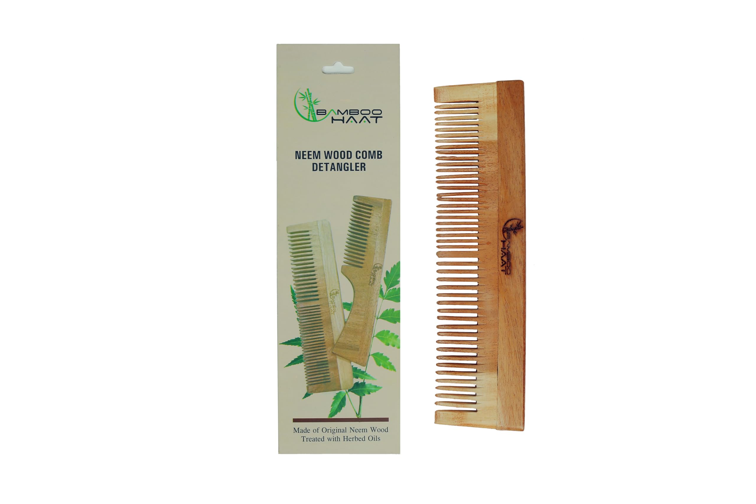 BAMBOO HAAT 100% Natural Neem Wood Comb for Women & Men - Promotes Hair Growth, Reduces Hair Fall & Controls Dandruff - Wide & Thin Teeth Design - Perfect for Daily Hair Care & Scalp Massage at Home or Travel