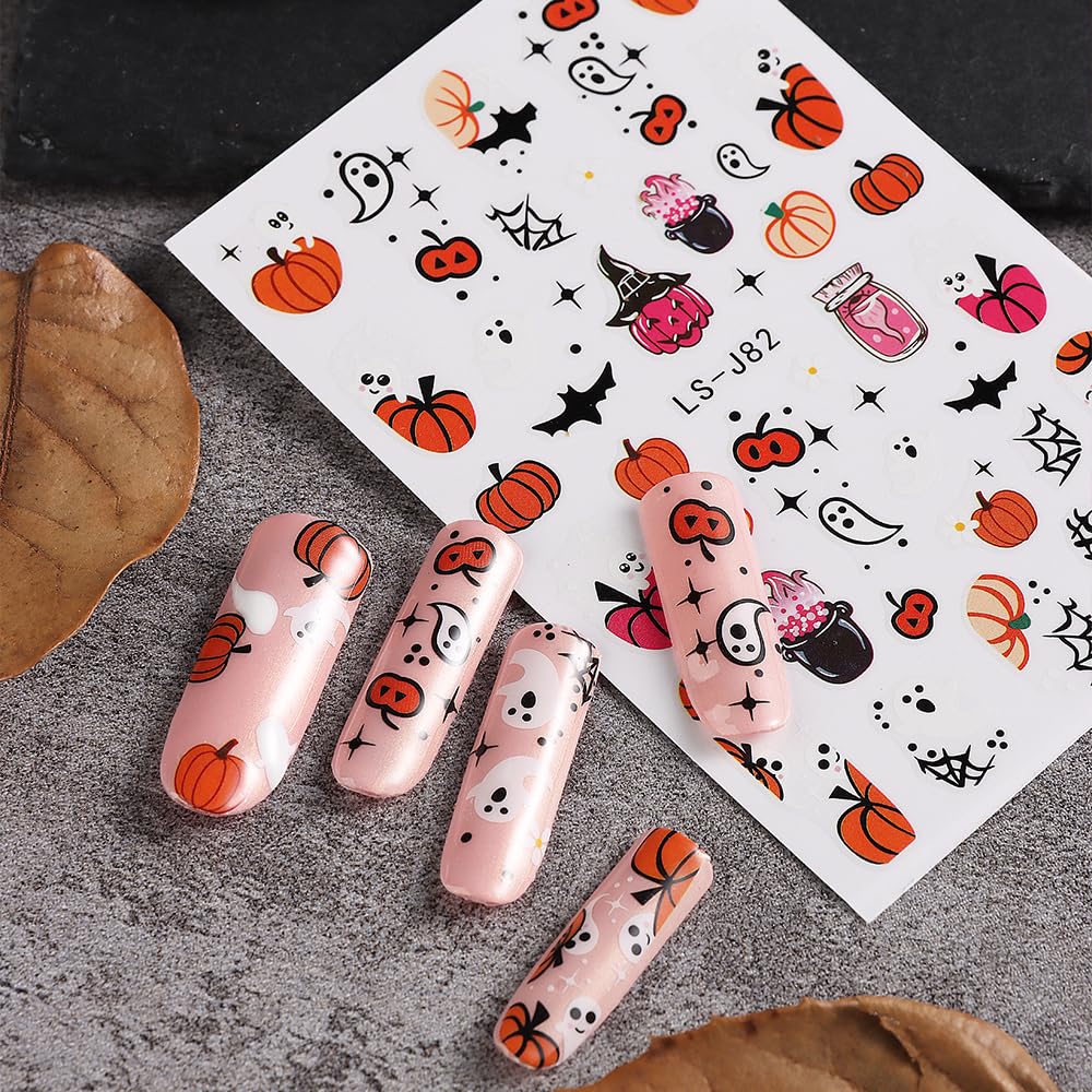 3D Halloween Nail Stickers - Self-Adhesive Pink Ghost, Skull, Pumpkin & Spider Web Designs - DIY Nail Art Decals for Women & Kids - 6 Sheets - Perfect for Halloween Parties, Costume Nails & Spooky Nail Art