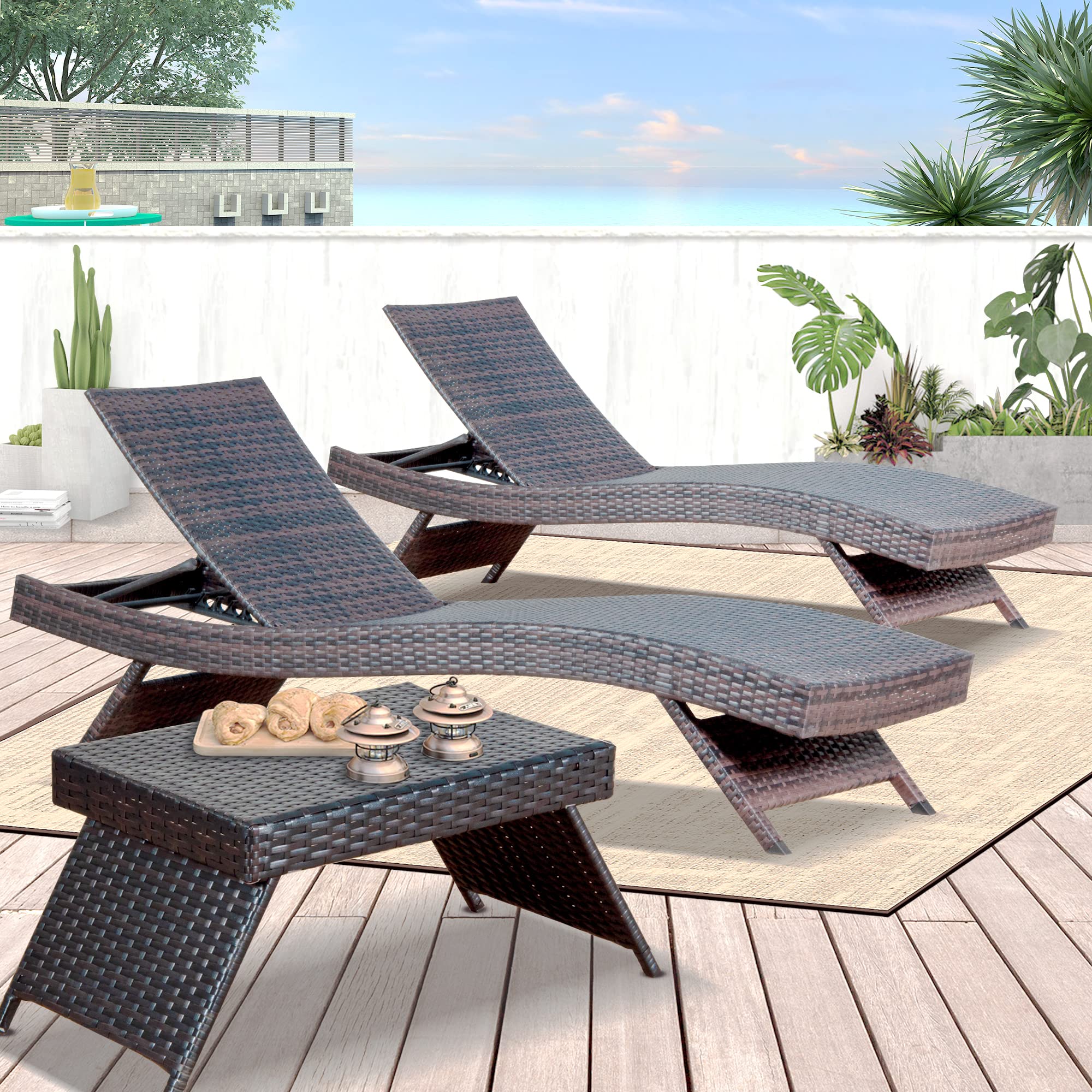 PE Rattan Adjustable Backrest Chaise Lounge Set with Side Table - 2-Piece Outdoor Patio Furniture for Poolside, Beach & Sunbathing - Durable Wicker Recliner Chairs with Coffee Table for Backyard, Garden & Resort Relaxation