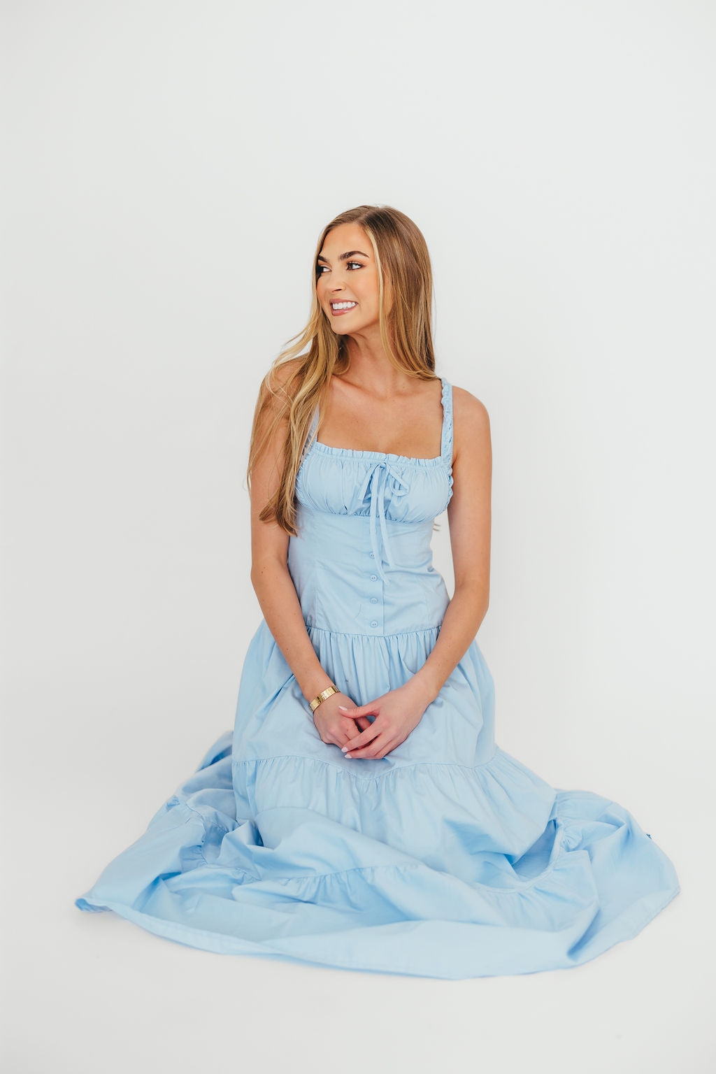 Light Blue Sutton Corset Button Down Tiered Maxi Dress for Women - Elegant Summer Beach Wedding & Party Wear