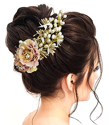 Artificial Peony Flower Hair Clip with Pearl Comb - Elegant Side Bun Hair Accessories for Women & Girls (Peach) - Perfect for Weddings, Parties & Everyday Style