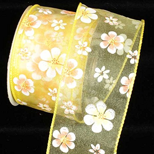 Sheer Yellow Magnolia Flower Print Wired Craft Ribbon - 2.5 Inch x 40 Yards for Gift Wrapping, DIY Scrapbooking & Wedding Decorations