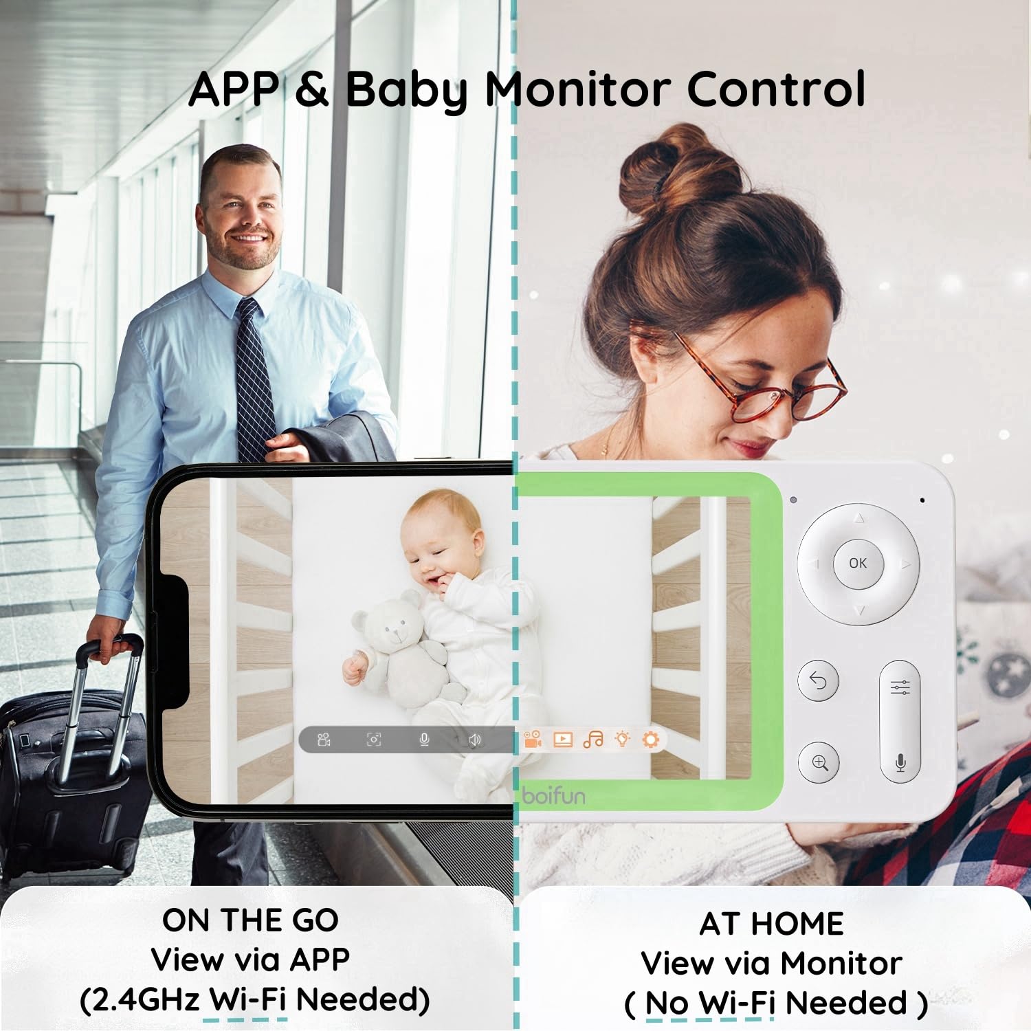 BOIFUN 1080P HD WiFi Baby Monitor with Split Screen, 2 Cameras & Smartphone App - AI Motion/Sound Detection, 4.3