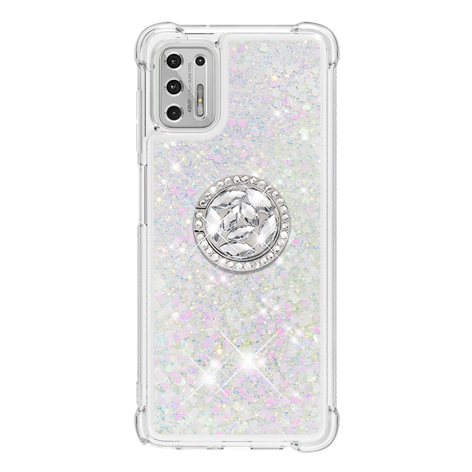 Sparkly Clear Glitter Phone Case for Motorola G Stylus 2021 - Liquid Quicksand Bling Cover with Diamond Ring Holder & Rugged Protection | Stylish Protective Case for Women Girls | Perfect for Daily Use, Work & Parties