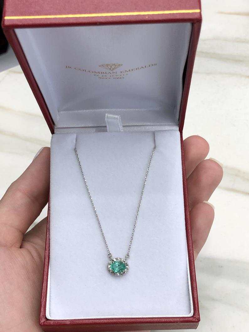 1.10tcw Oval Emerald & Diamond Halo Necklace in 14K Gold - Elegant Jewelry for Women, Perfect for Weddings, Anniversaries & Special Occasions