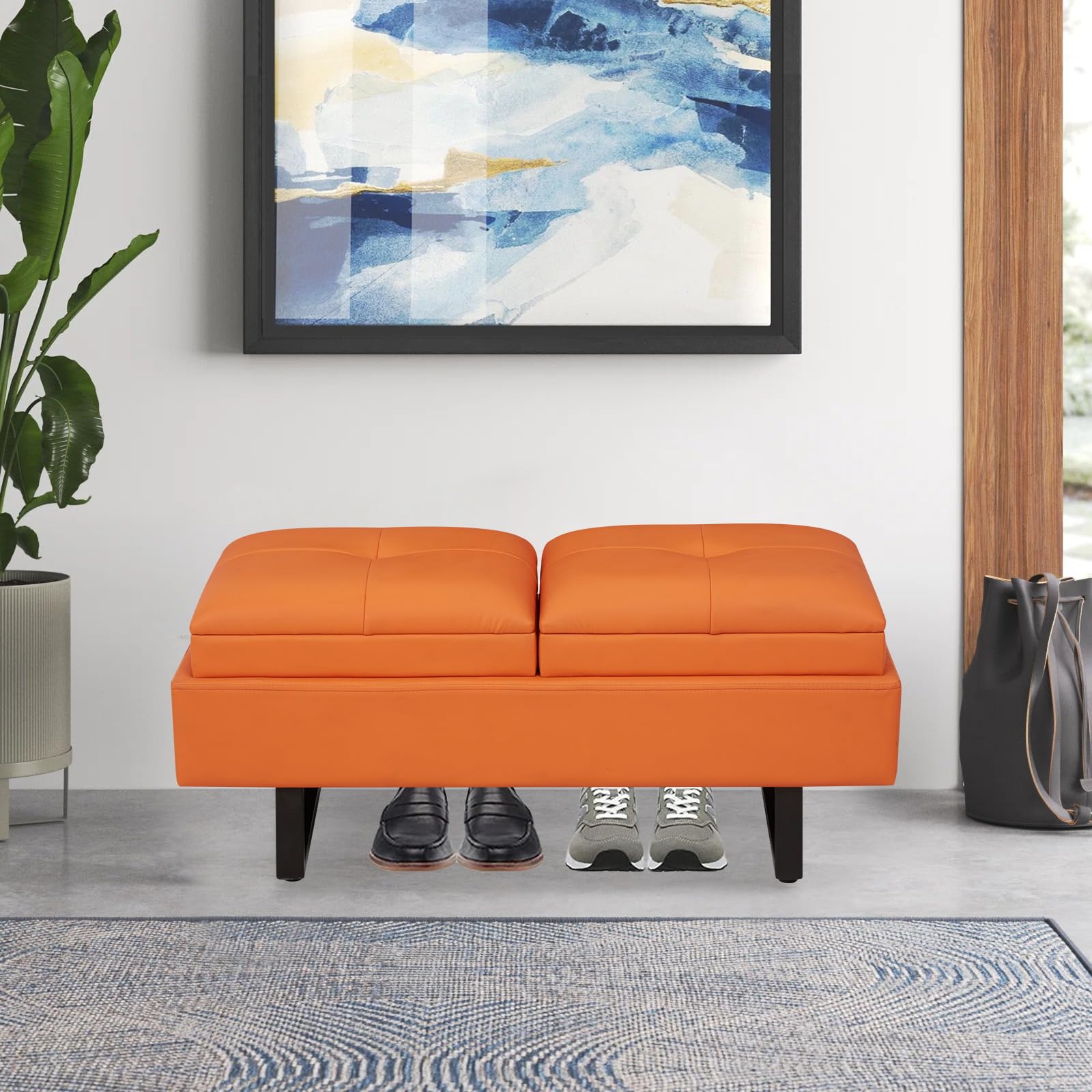 Kinpaw Modern Reception Chairs - 2-Seat PU Leather Waiting Room Bench with Thickened Cushion, Entryway & Lobby Furniture for Office, Salon, Living Room - Orange | Perfect for Waiting Areas, Hotel Lobbies & Home Entryways