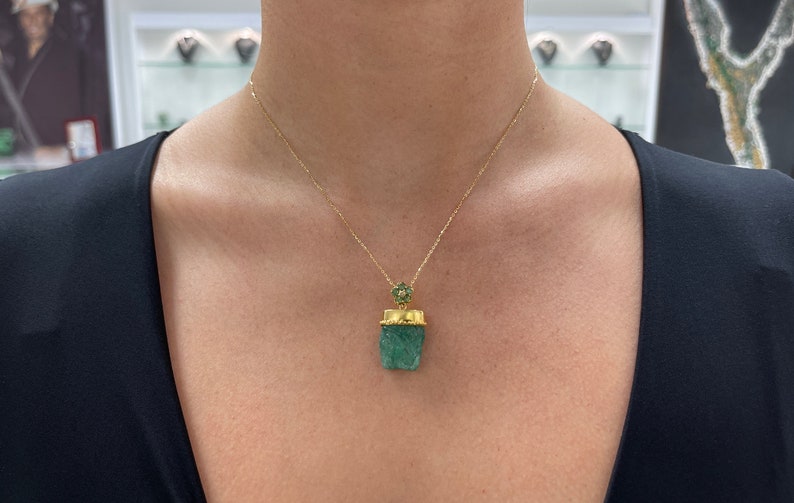 14K Gold Raw Hand Carved Emerald Crystal Pendant Necklace - 24tcw May Birthstone Jewelry for Women, Gift for Mom, Birthday, Anniversary & Special Occasions