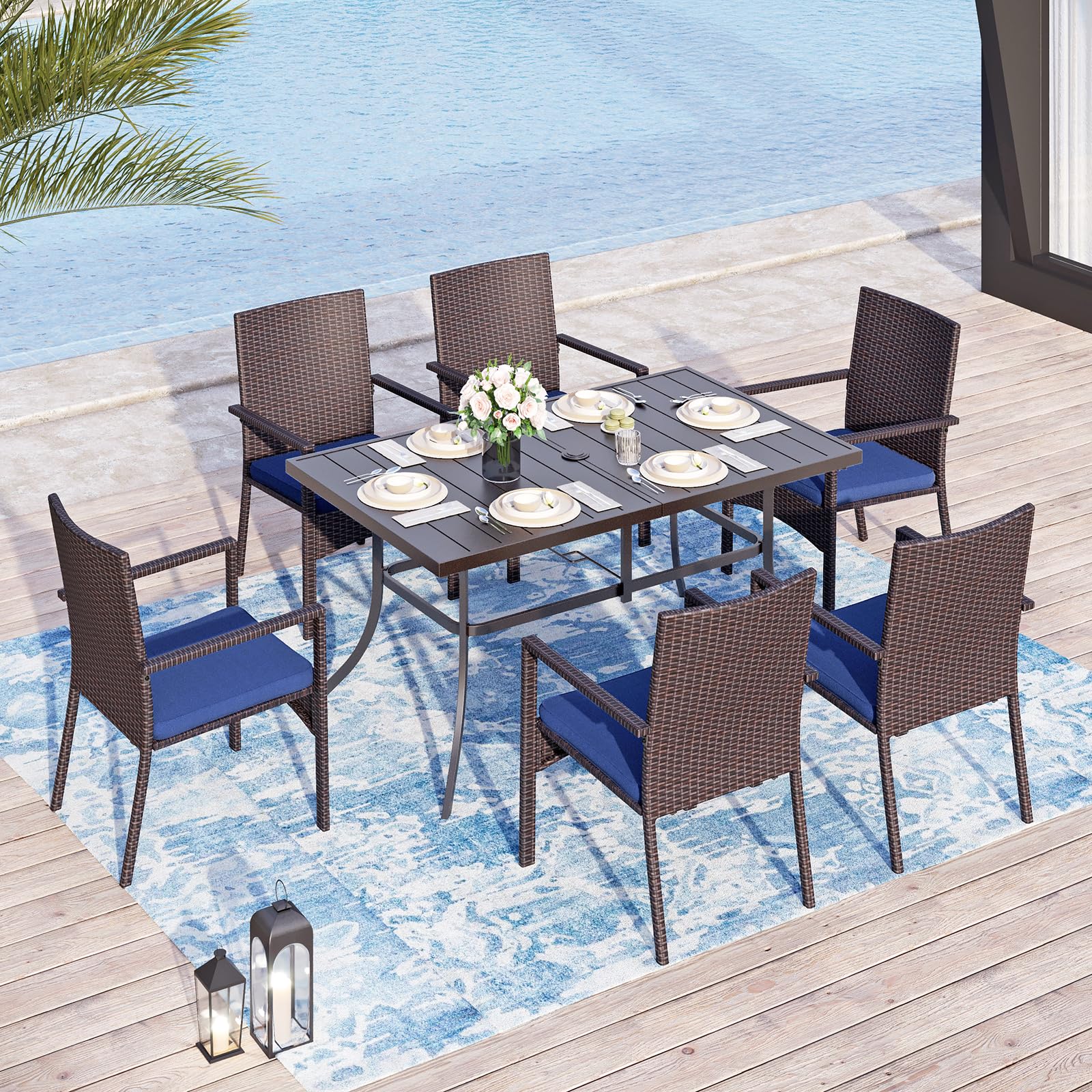 **7-Piece Navy Blue Outdoor Patio Dining Set with Umbrella - Metal Table & Cushioned Rattan Chairs for Backyard, Deck, Porch - Perfect for Family BBQs, Garden Parties & Outdoor Entertaining**