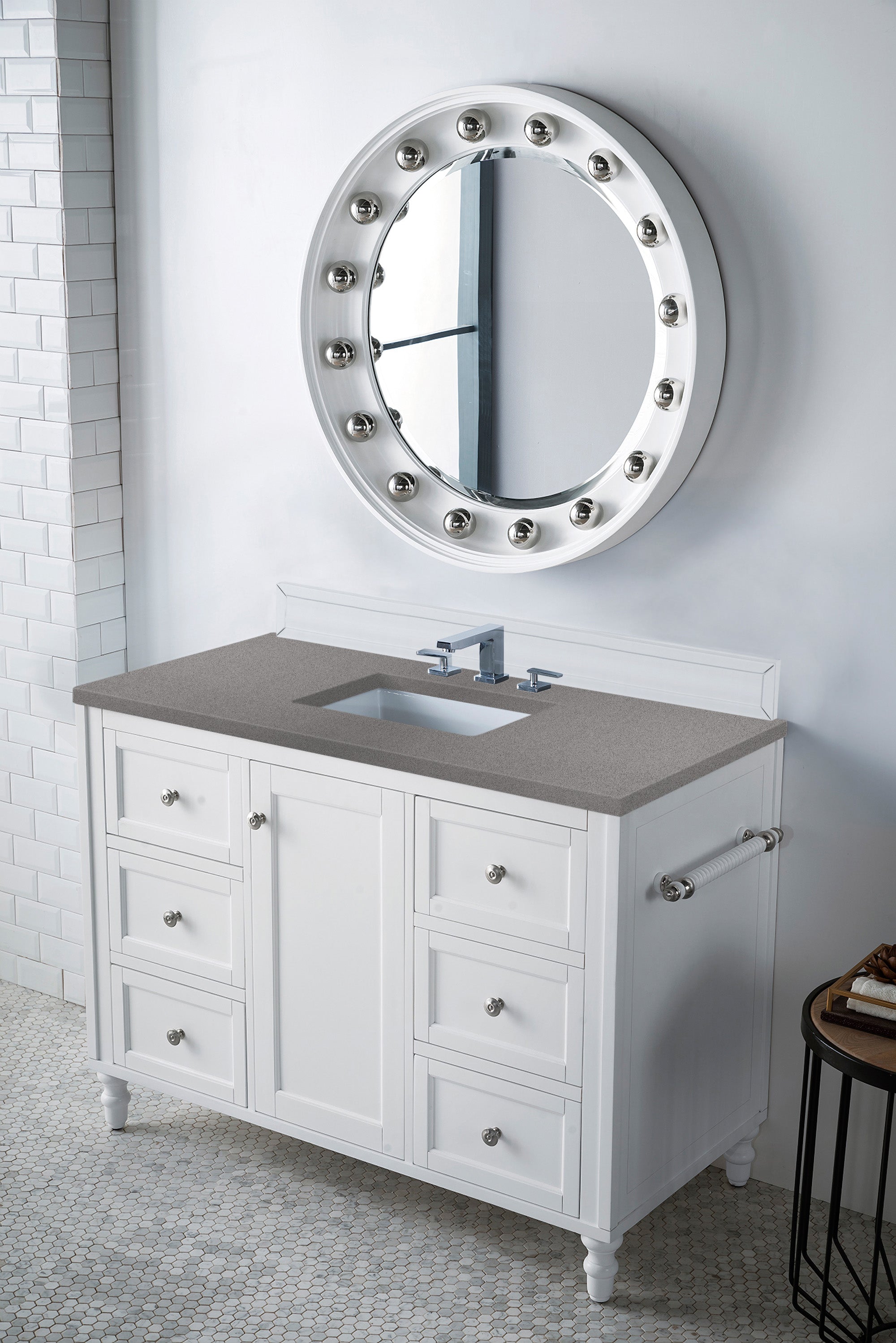 Copper Cove Encore 48 Inch Single Bathroom Vanity Set with Bright White Finish & 3CM Grey Expo Quartz Countertop - Perfect for Modern Master Bathrooms and Powder Rooms