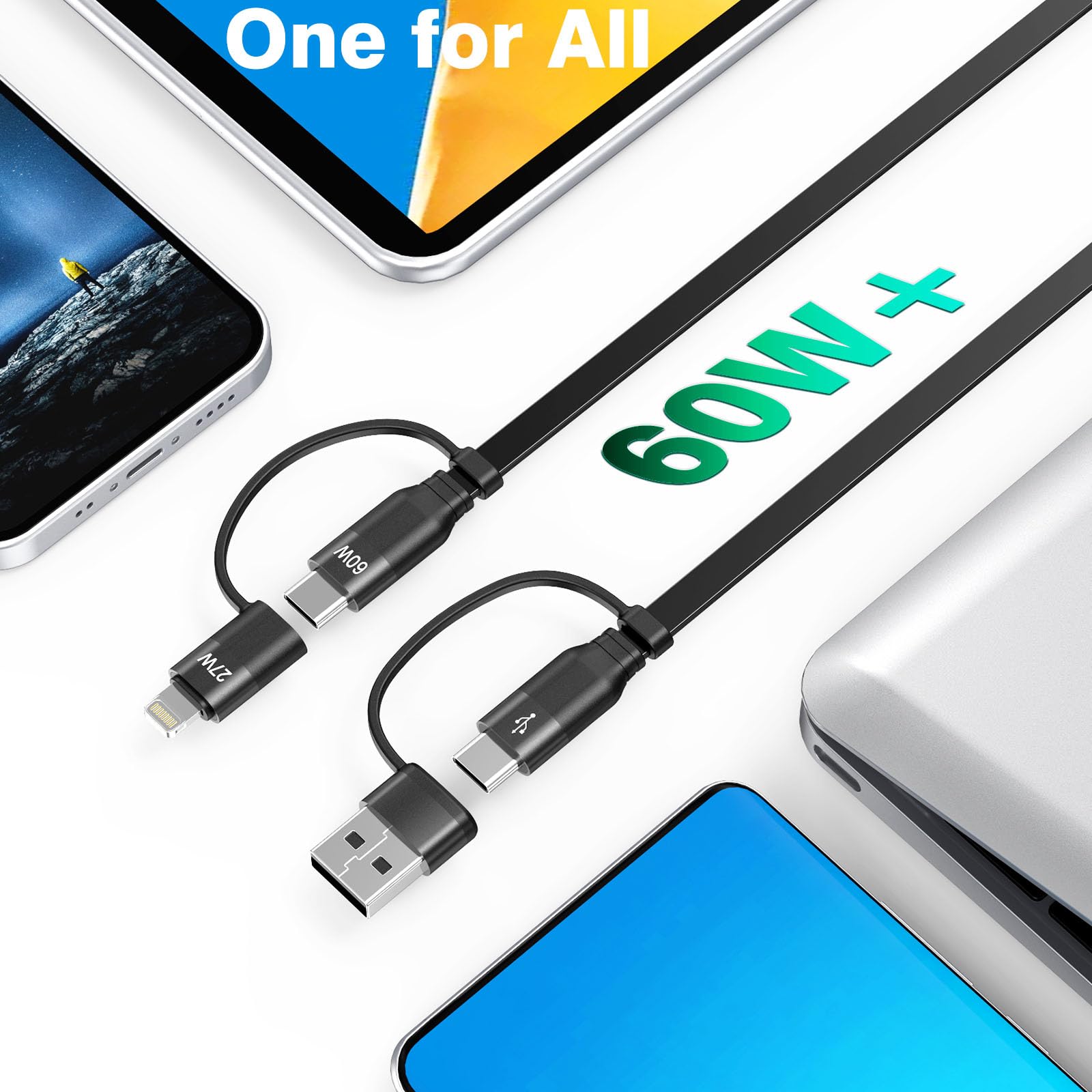 2-Pack 5-in-1 Retractable Multi Charging Cable - 60W Fast Charging & Data Sync for iPhone 16/15/14/13, iPad, Samsung S24/S23, Tablets - Universal Car & Home Charger for Travel, Office & Daily Use