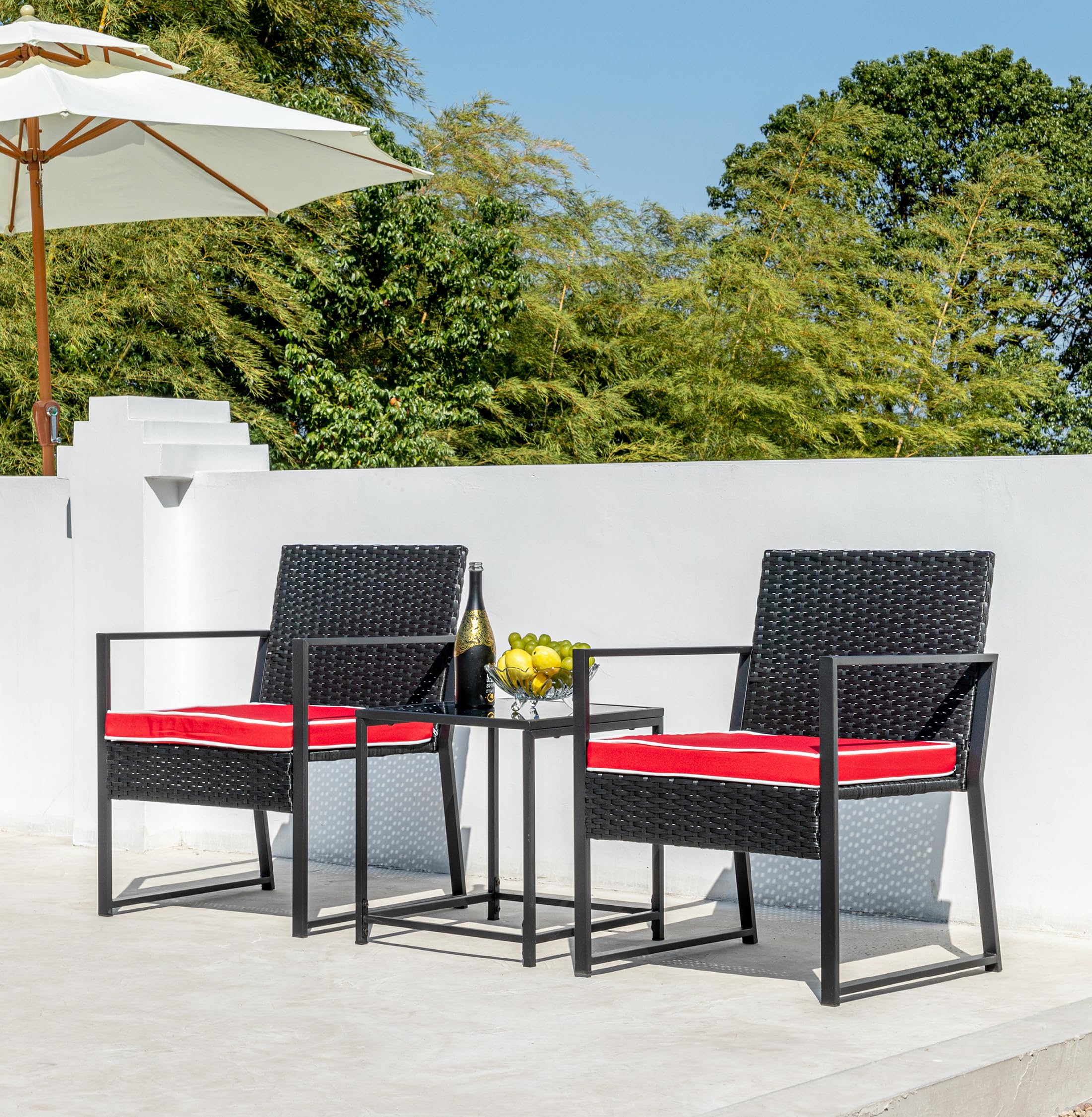 3-Piece Wicker Bistro Set Outdoor Patio Furniture - Rattan Table & Chairs for Balcony, Yard, Porch, Deck (Red) | Perfect for Garden Dining, Backyard Relaxation & Outdoor Entertaining