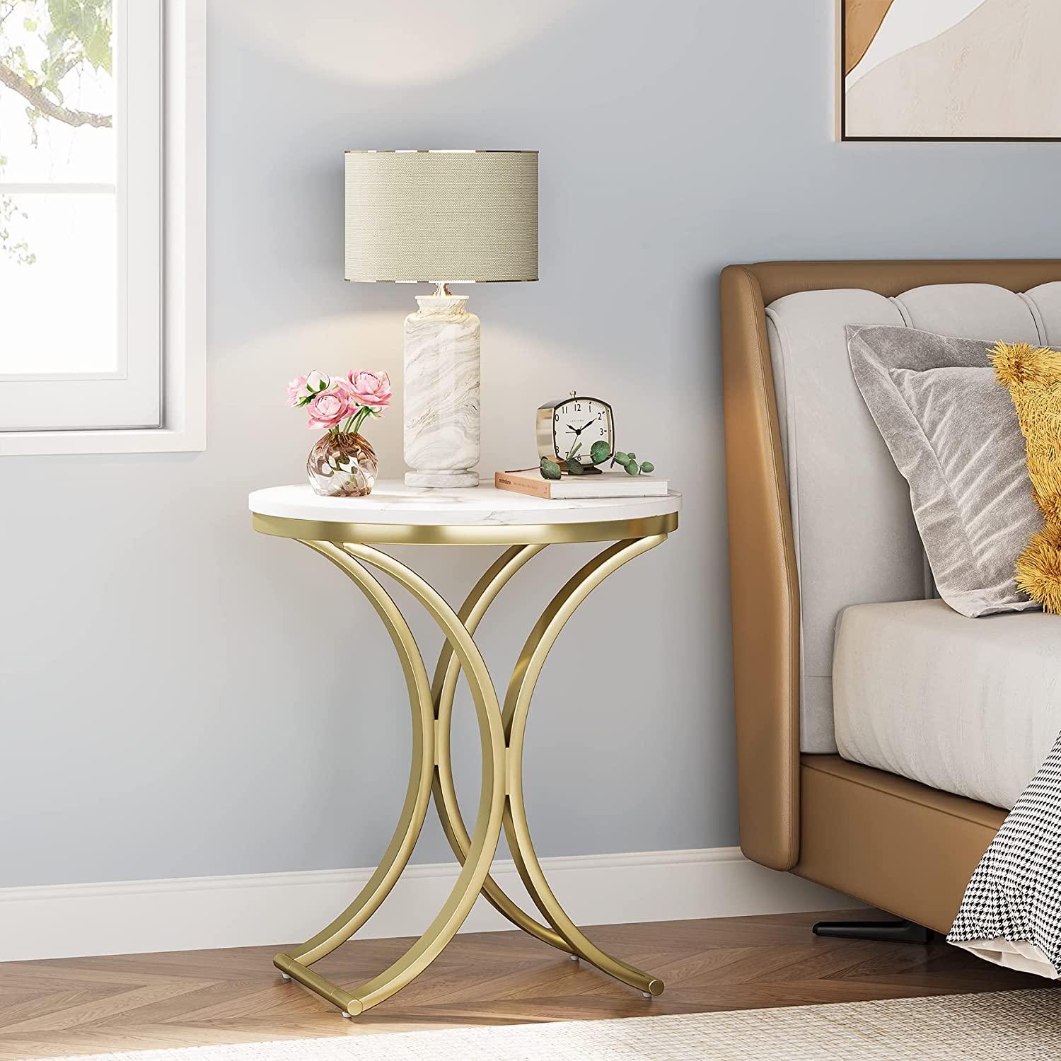 Round End Table with Metal Frame - Small Sofa Side Table & Coffee Table for Living Room, Bedroom, or Office - Modern Accent Furniture for Home Decor