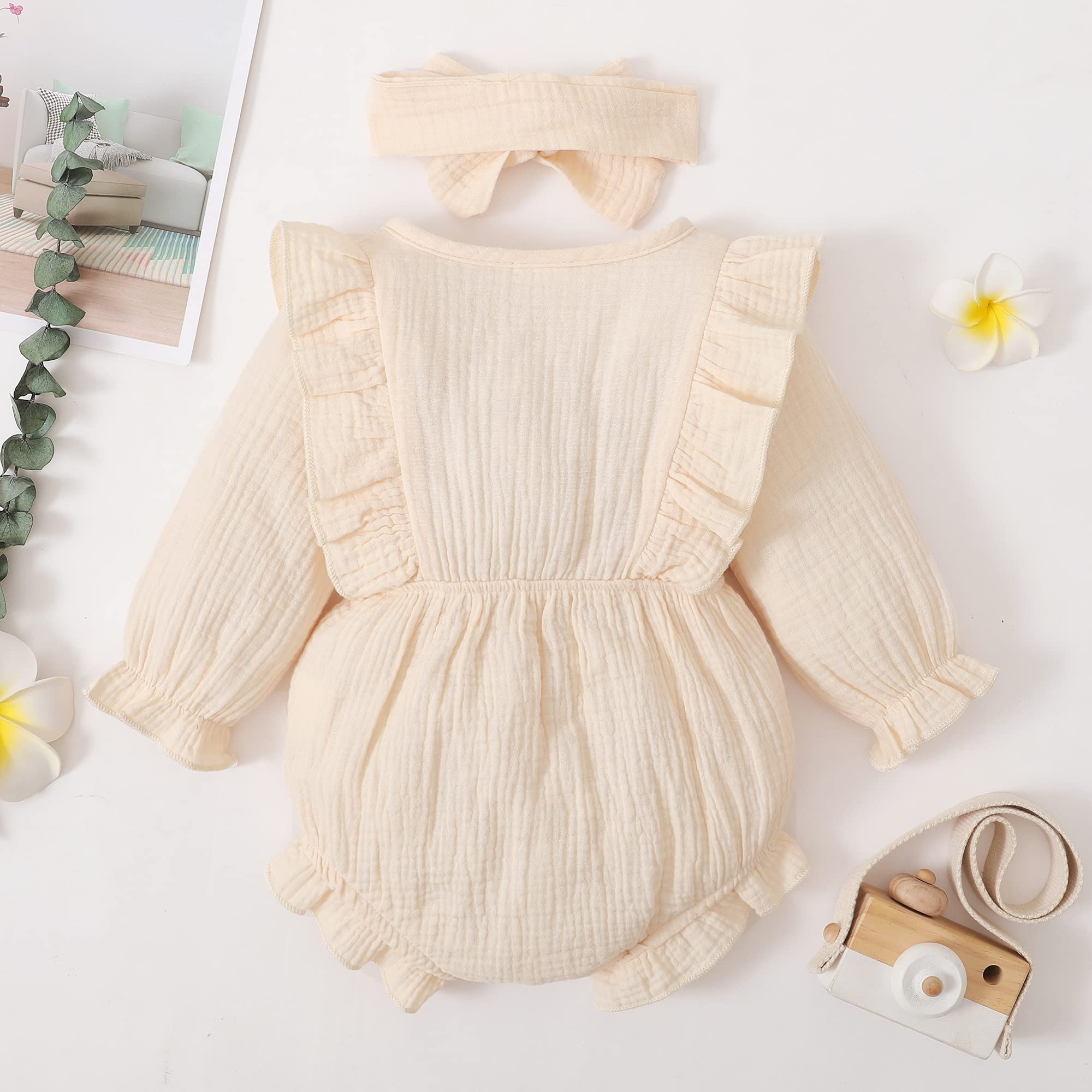 Renotemy Newborn Baby Girl Clothes - Soft Cotton Linen Romper with Ruffle Detail | Cute Solid Color Jumpsuit for Infants 0-24 Months | Perfect for Photoshoots, Playdates & Special Occasions