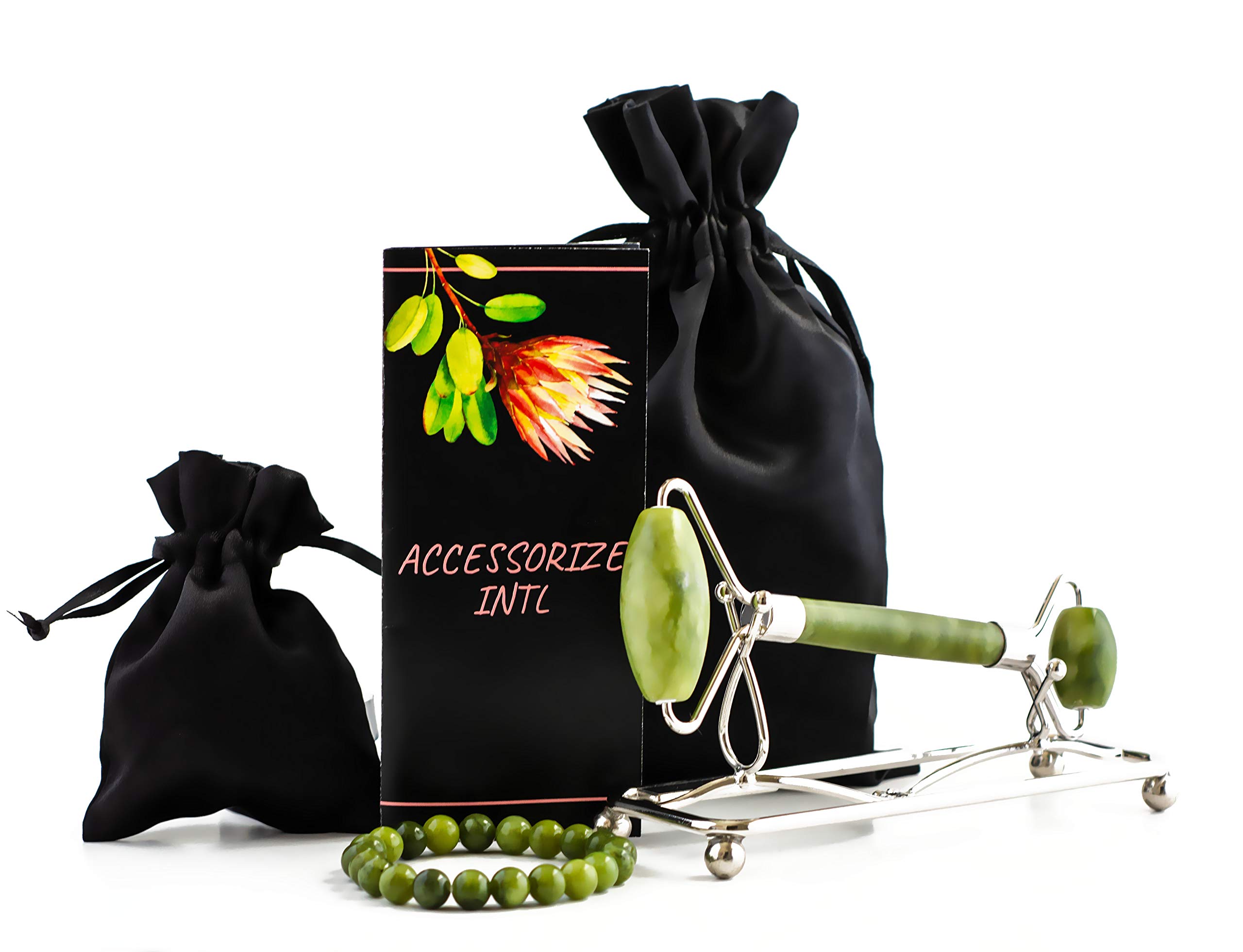 Premium Jade Roller & Gua Sha Set with Jeweled Stand & Satin Pouches - Facial Massage Tools for Skin Care, Anti-Aging, Wrinkle Reduction & Detox - Perfect for Home Spa, Self-Care Routine & Gift Giving