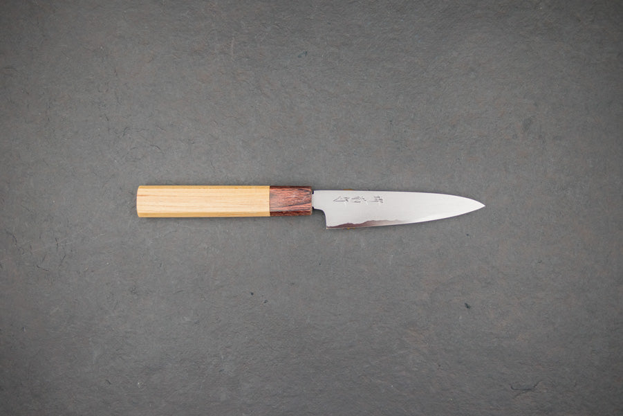 Premium Sakai Kikumori Yoshikazu Tanaka Shironiko Kasumi Petty Knife 120mm - Japanese High Carbon Steel Kitchen Knife for Precise Slicing, Peeling & Garnishing