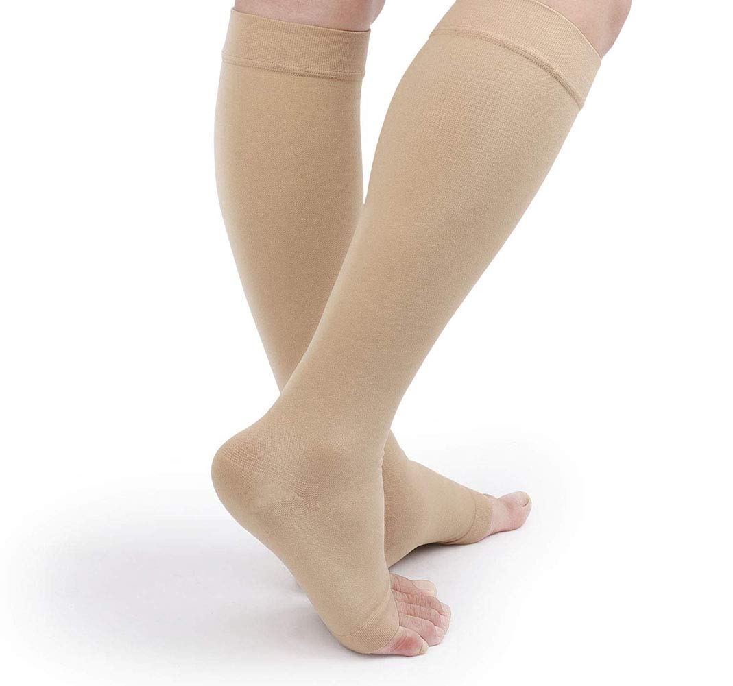 TOFLY® 30-40mmHg Open Toe Knee High Compression Socks for Men & Women - Medical Graduated Firm Support Socks for Circulation Recovery, Shin Splints, Varicose Veins, Edema - Ideal for Nurses, Athletes & Travelers (Beige)