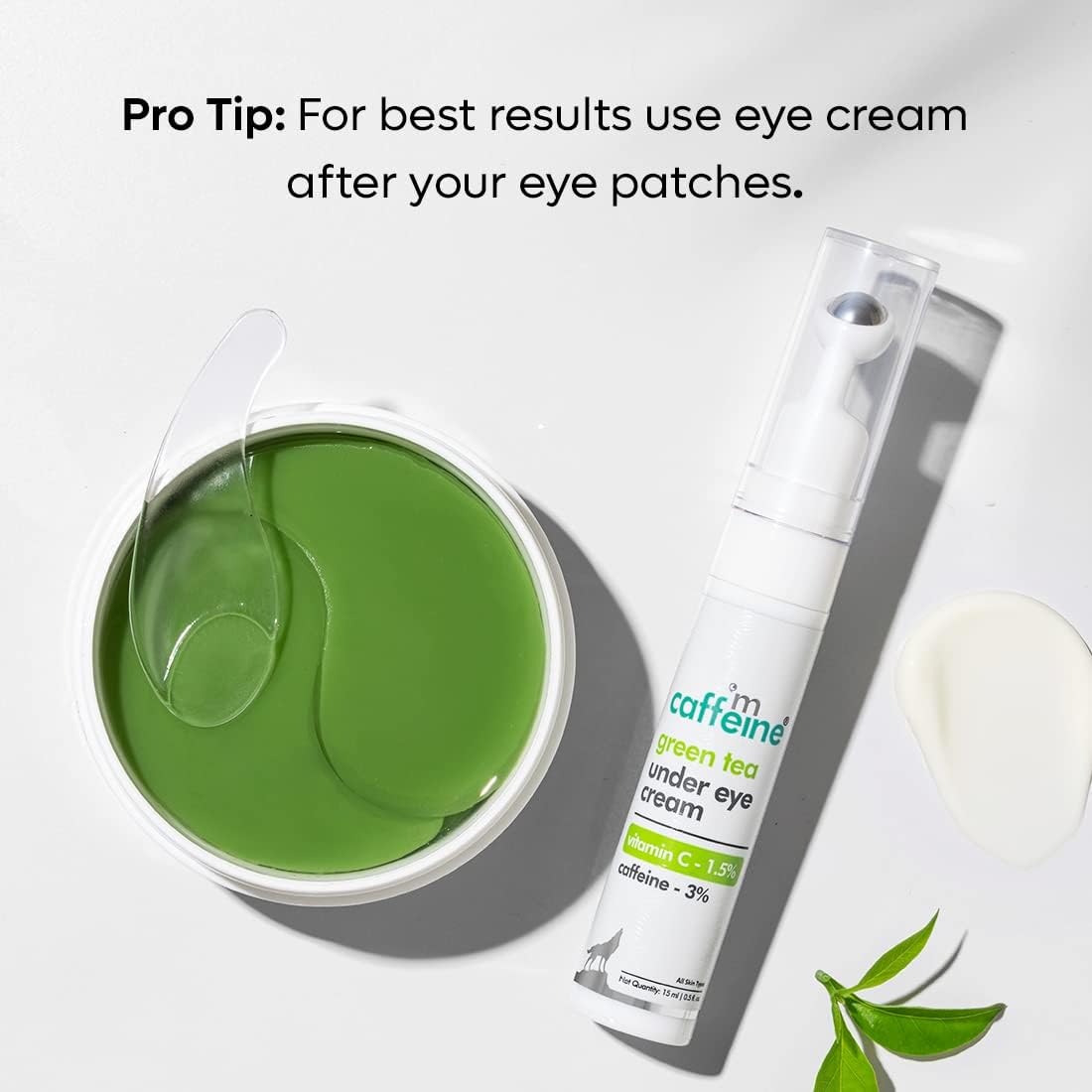 Green Tea Under Eye Cream for Dark Circles & Wrinkles - 3% Caffeine, 1.5% Vitamin C & Peptides to Reduce Puffiness & Brighten Skin - Cooling Gel with Roller Applicator for Men & Women - 15ml - Perfect for Morning Routine & Travel Skincare