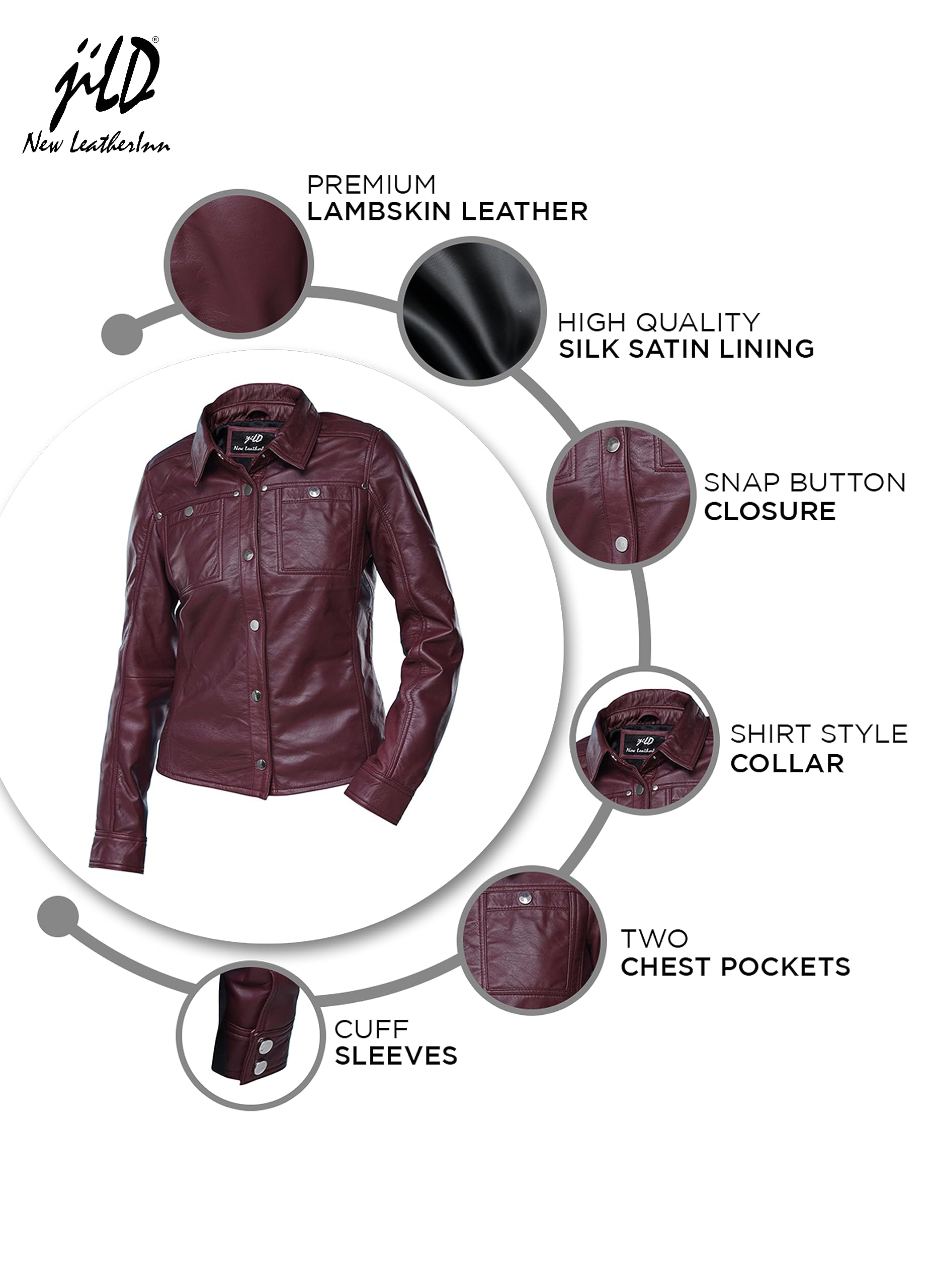 Jild Women's Button Front Lambskin Leather Jacket & Shacket - Long Sleeve Casual Shirt Jacket with Bust Pocket | Perfect for Fall Layering, Date Nights & Office Wear
