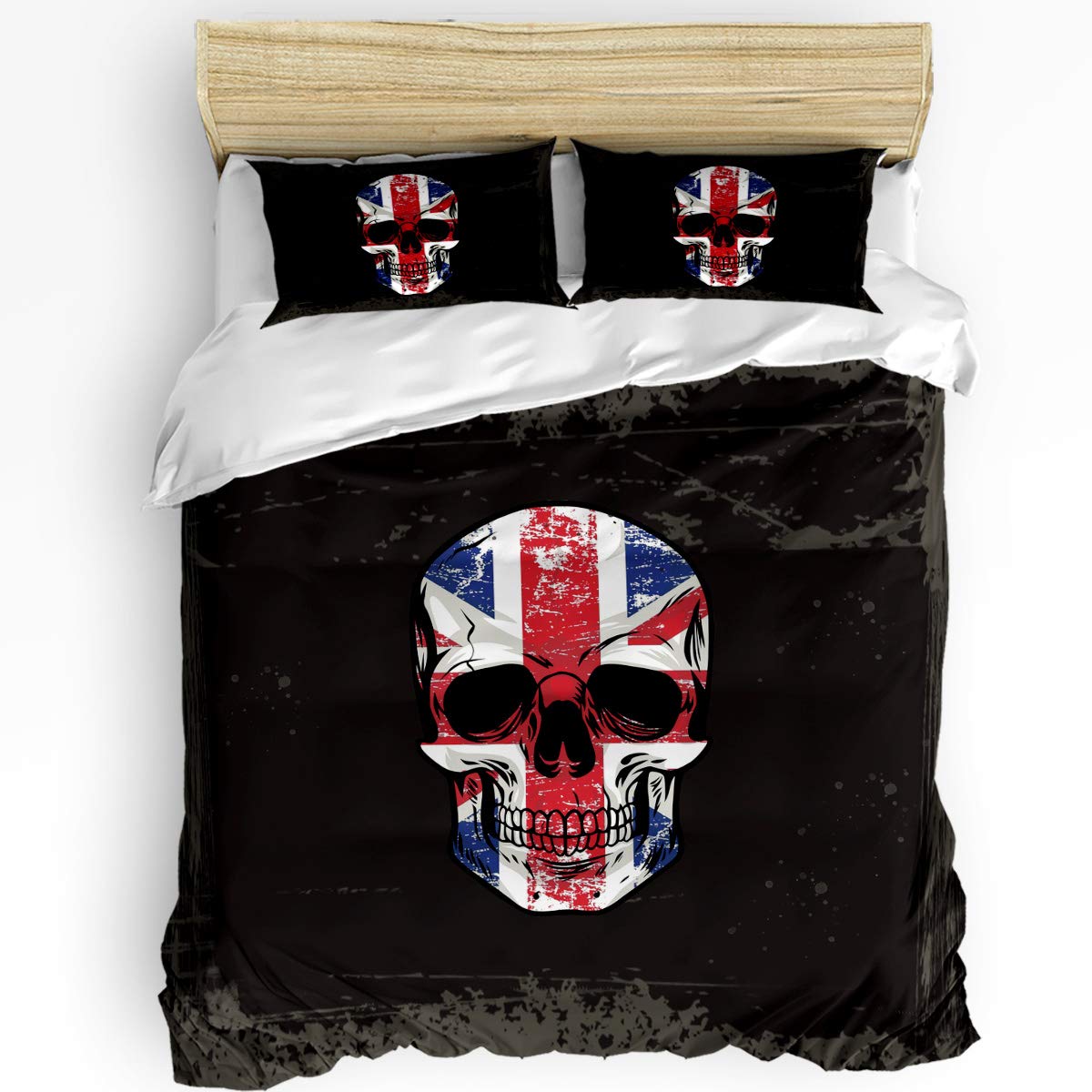 Stylish Union Jack Skull Duvet Cover Set - 3 Piece Red & Blue Comforter Cover with Zipper Closure (1 Quilt Cover + 2 Pillowcases) for Twin Bed - Perfect for Teen Bedrooms, Dorm Rooms & British-Themed Decor