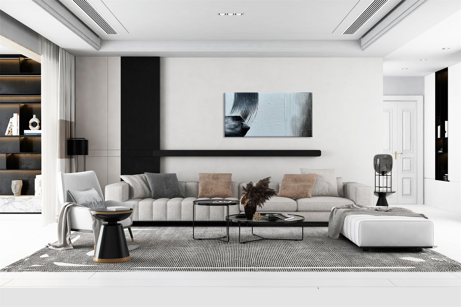 Handmade Black and White Abstract Canvas Wall Art - 48x24 Inches Large Textured Painting, Minimalist Contemporary Wall Sculpture for Living Room, Bedroom & Office Decor