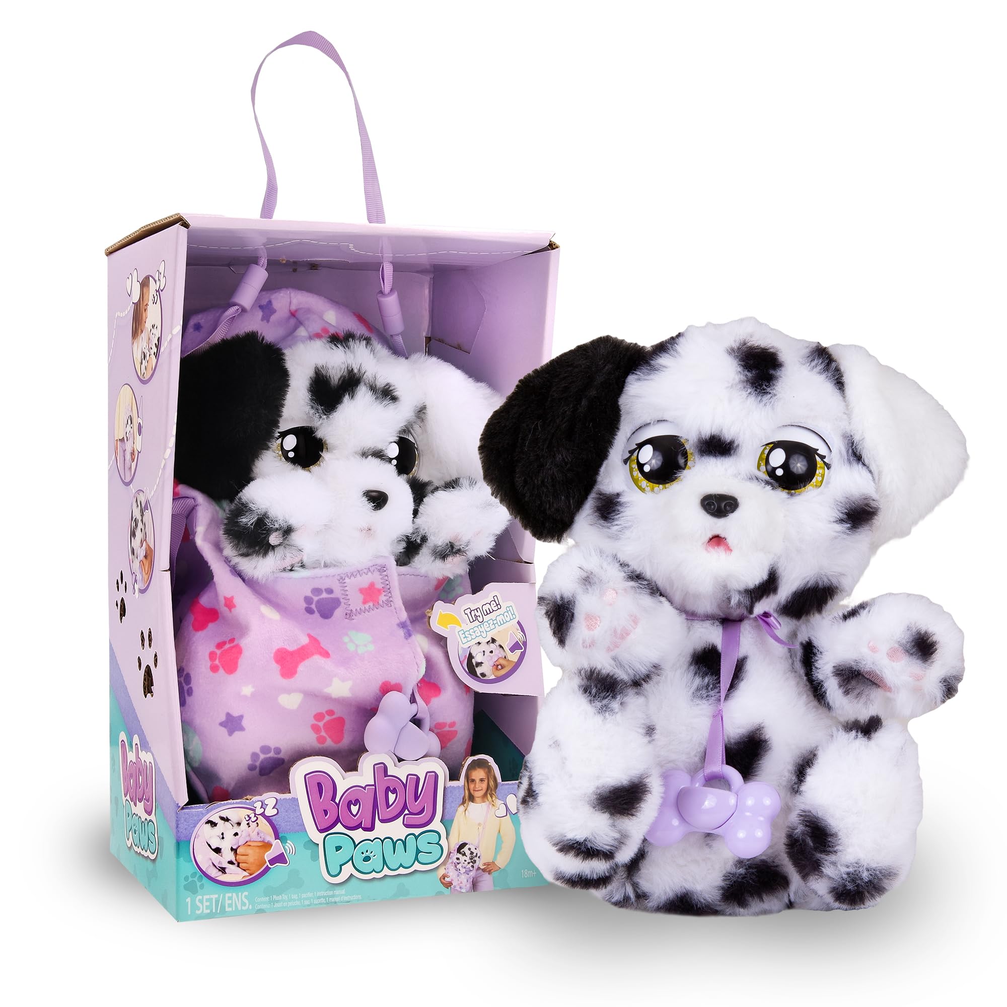 IMC Toys Baby Paws - Interactive Dalmatian Puppy Plush Toy with Carrier | Soft Cuddly Stuffed Animal Makes 5 Realistic Sounds for Kids Ages 4+ | Perfect Gift for Birthday, Christmas & Pretend Play