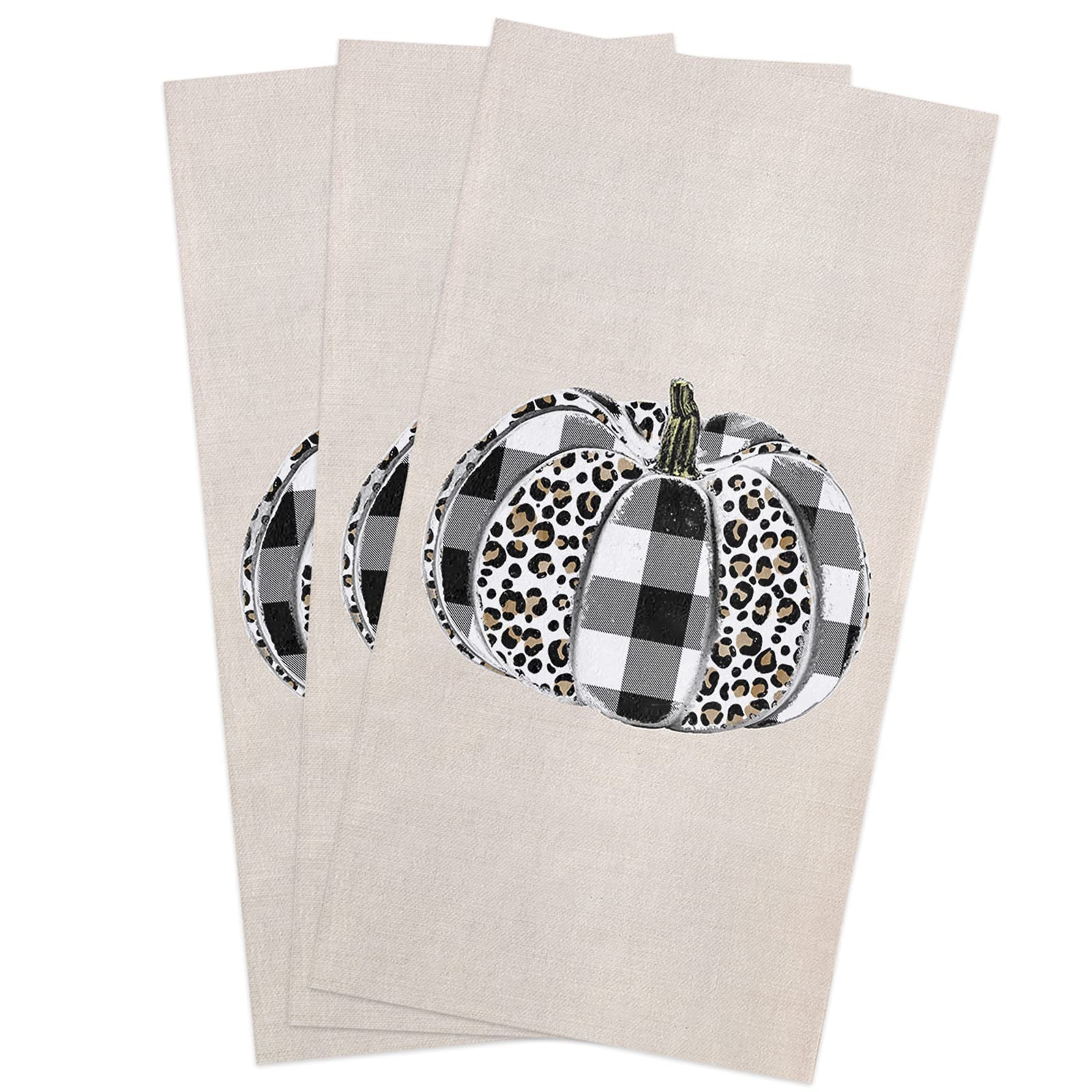 Fall Pumpkin Black Buffalo Check Leopard Kitchen Towels - 3 Pack Super Absorbent Dish Towels for Kitchen, Farmhouse Decor, Autumn & Thanksgiving | Woven Textured Hand Towels, Tea Towels, Bar Towels 18x28 inches | Perfect for Holiday Cooking, Hosting & Farmhouse Styling