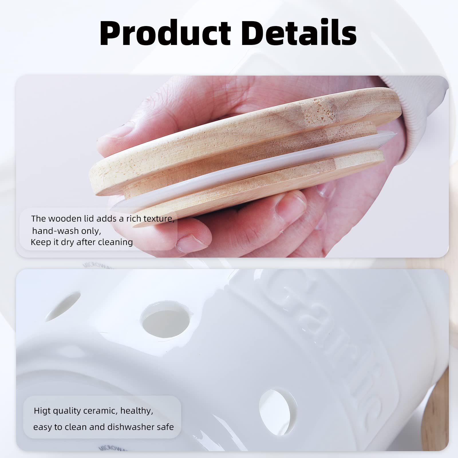 Large Ceramic Garlic Keeper with Wooden Lid - 4.5 Inch White Garlic Storage Container for Kitchen - Preserves Garlic Freshness Longer - Perfect for Countertop, Pantry & Farmhouse Style Kitchens