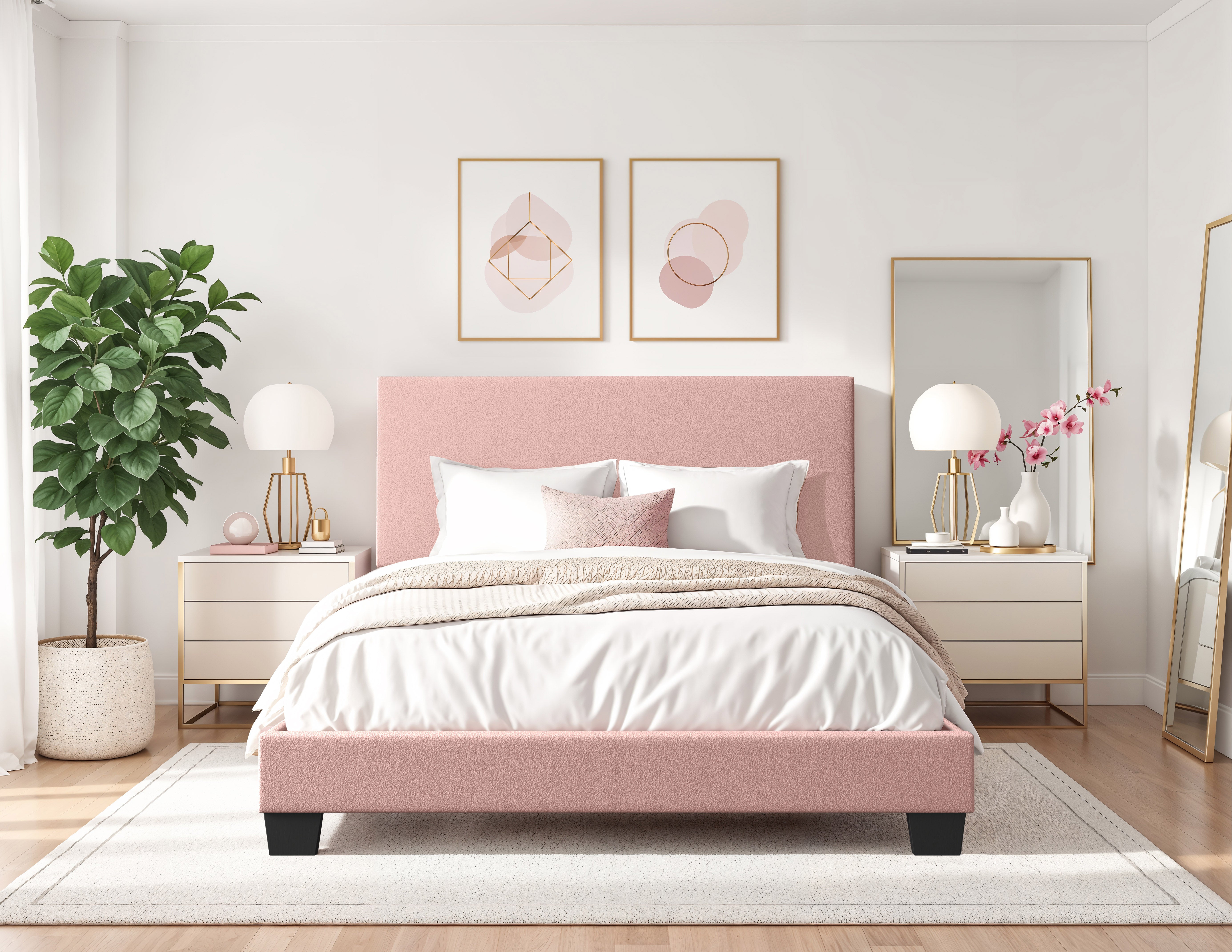 Modern Minimalist Boucle Single Bed Frame - Pink Upholstered Platform Bed for Small Spaces | Perfect for Teen Rooms, Guest Bedrooms & Studio Apartments