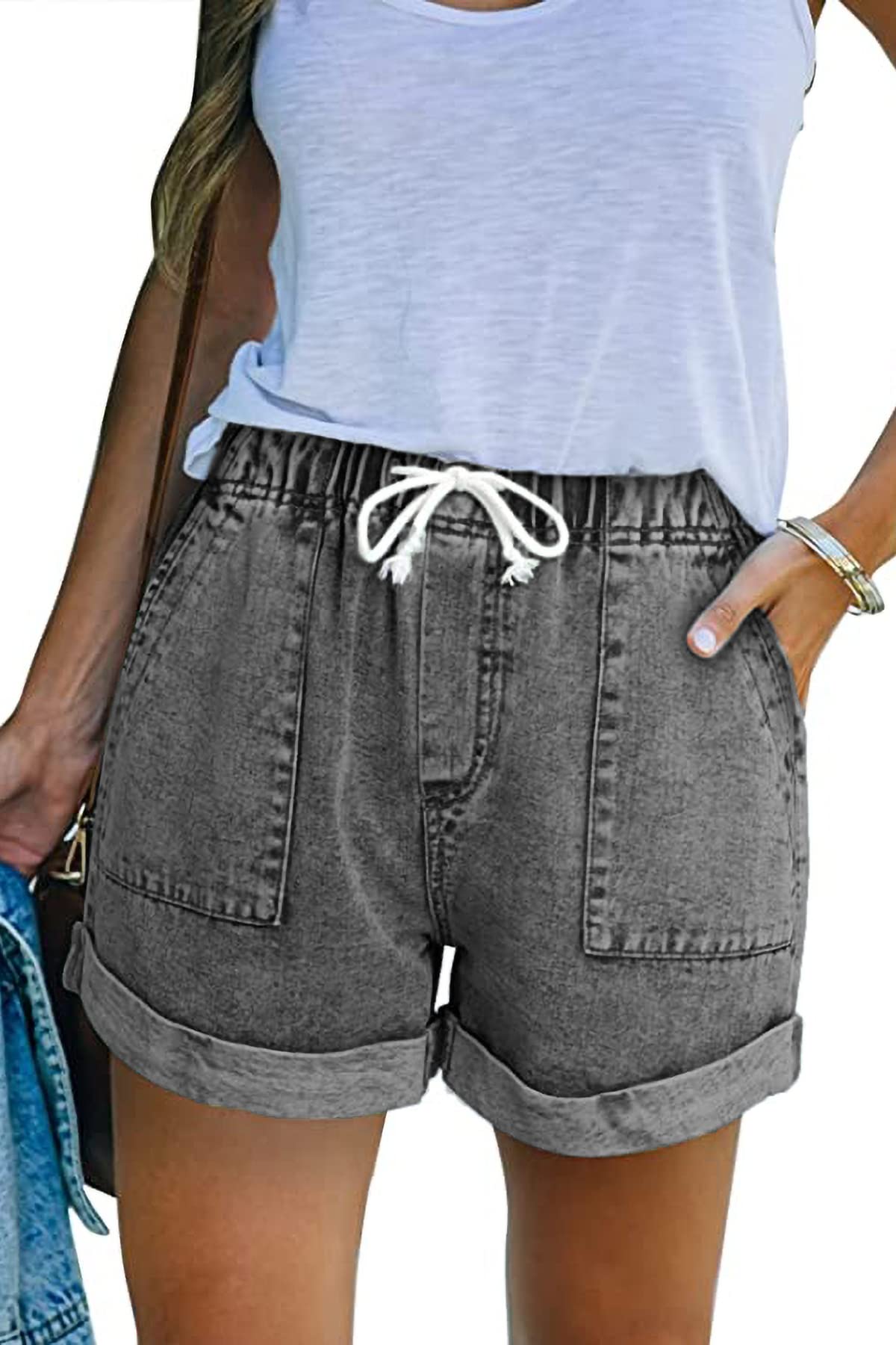 SMENG Women's High Waisted Denim Shorts with Pockets - Comfortable Cotton Stretch Jean Shorts for Summer, Casual Wear & Beach Outfits