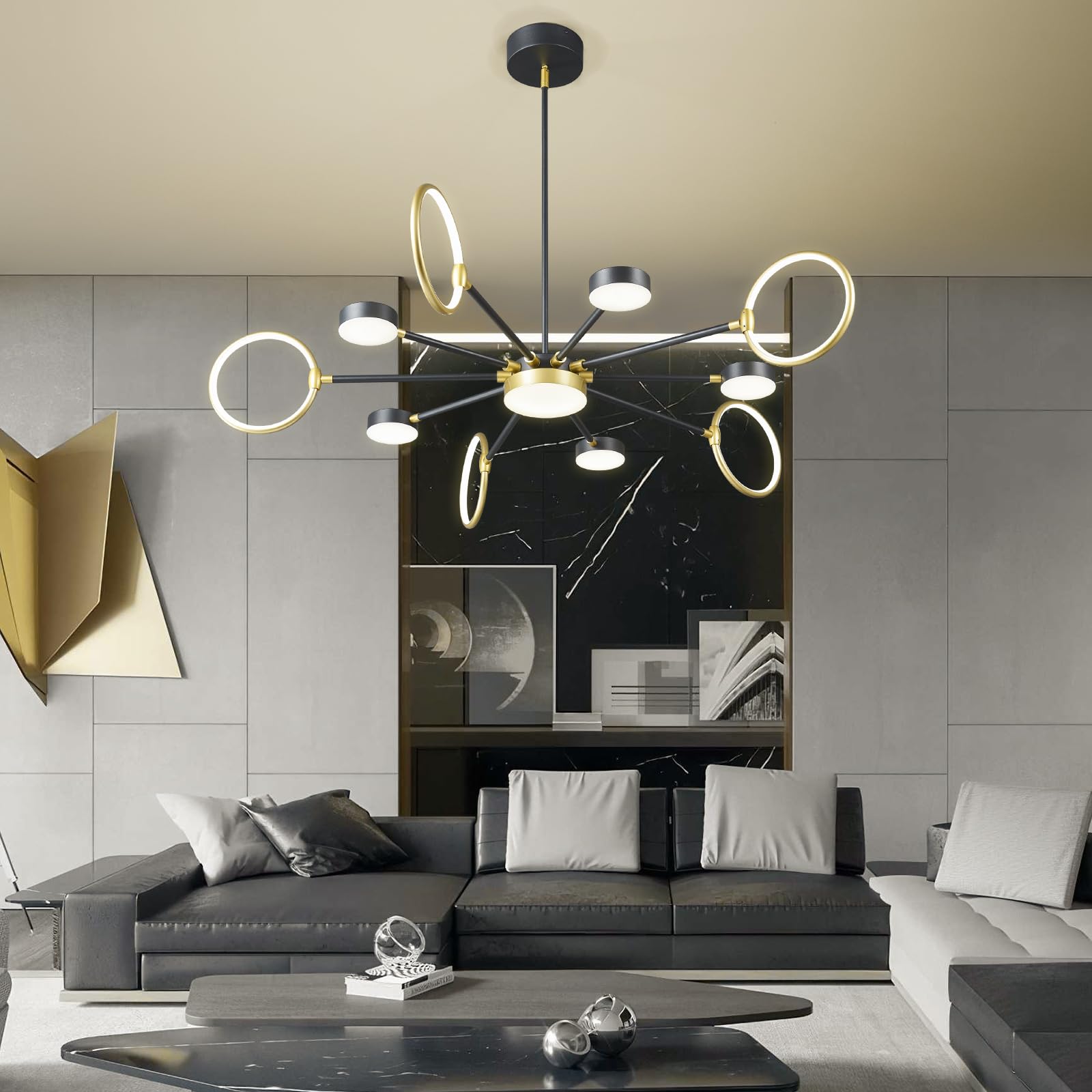 Modern Black & Gold LED Sputnik Chandelier - 11-Light Farmhouse Pendant Lighting Fixture for Dining Room, Bedroom, Living Room & Kitchen | Energy Efficient Dimmable Ceiling Light for Home Decor