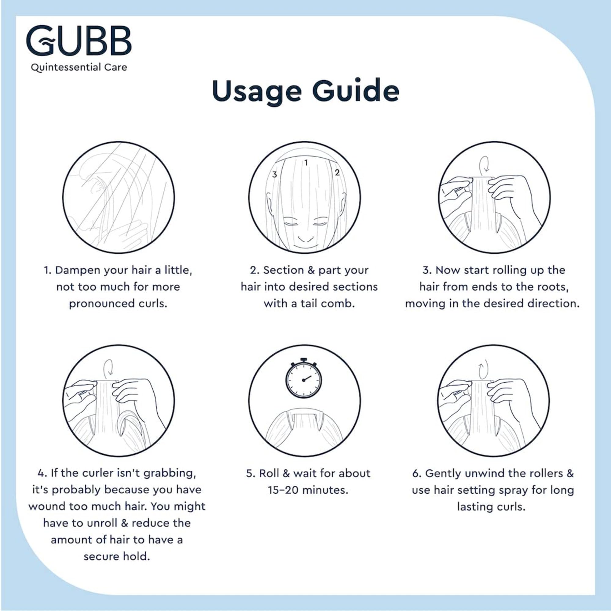 GUBB Self Grip Hair Rollers for Curling - 12 Pack Small Hair Rollers with Clips for Women, Blue | Perfect for Home Styling, Salon Use & Travel-Friendly Curling Tools