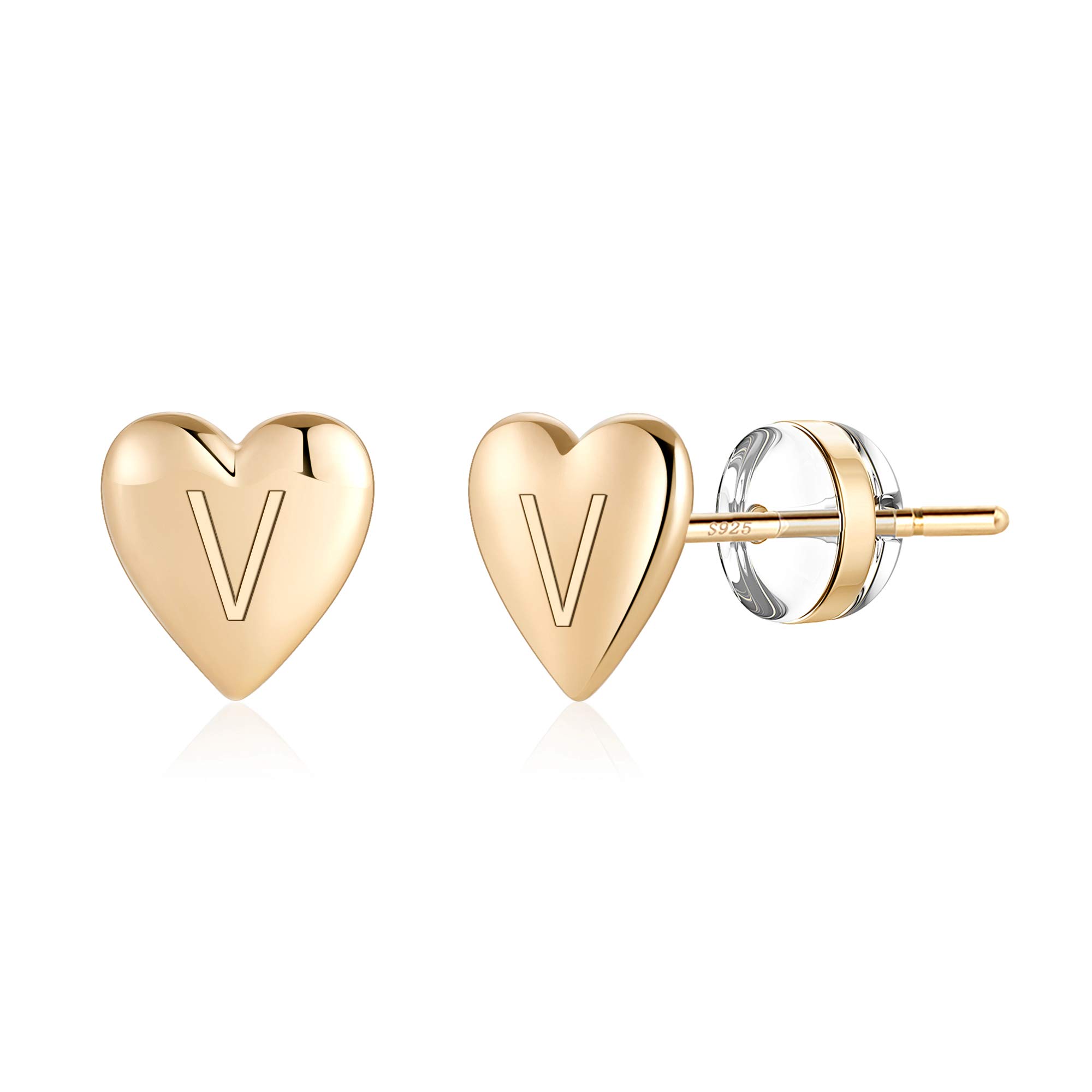 Heart Initial Stud Earrings for Women & Girls - 925 Sterling Silver 14K Gold Plated Hypoallergenic Dainty Letter Earrings | Perfect for Sensitive Ears, Everyday Wear, Gifts & Special Occasions