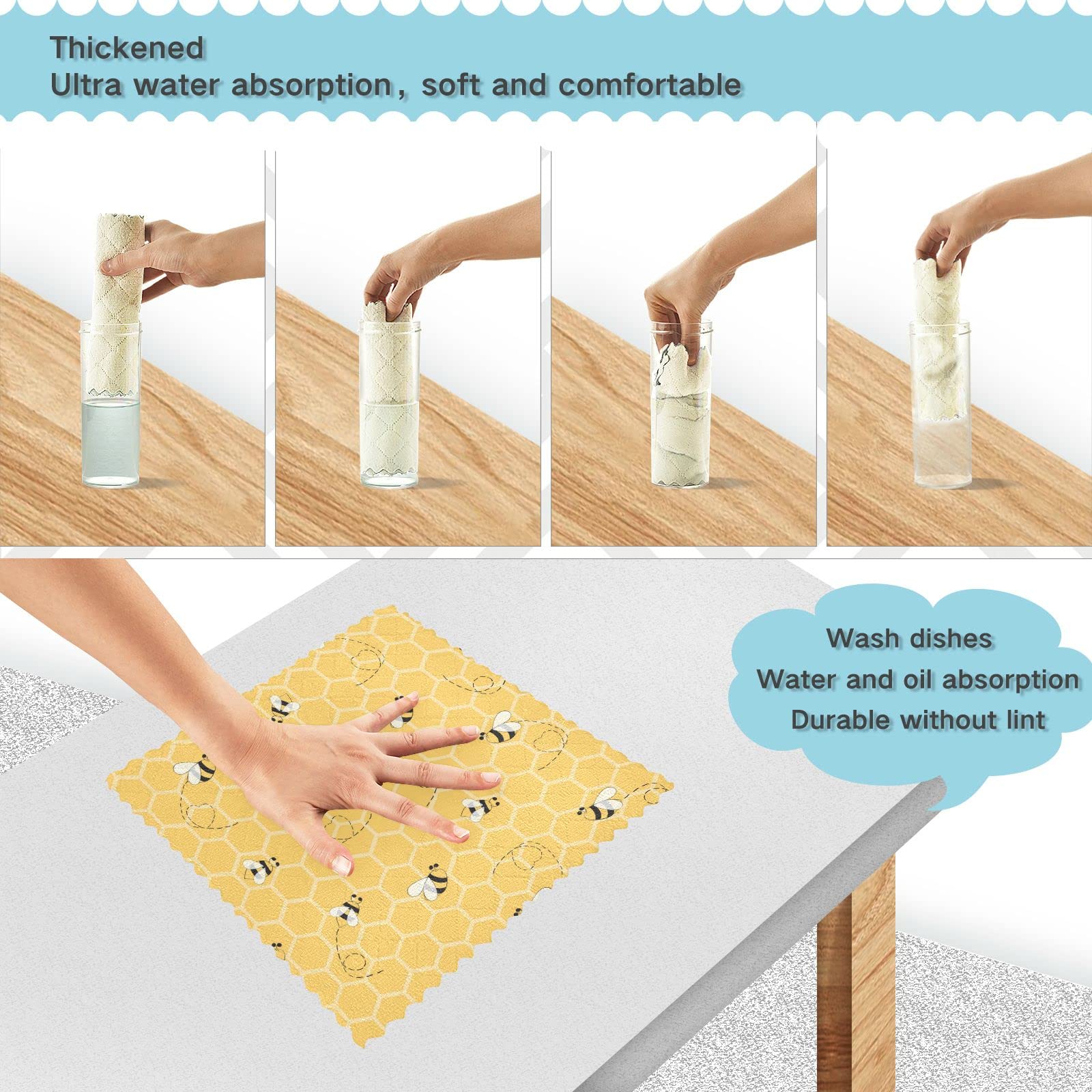 Kcldeci 6-Pack Bees on Honeycomb Microfiber Dish Cloths - Super Absorbent & Reusable Kitchen Towels for Washing Dishes, Cleaning & Draining - Perfect for Daily Kitchen Use, Dish Drying & Countertop Cleaning