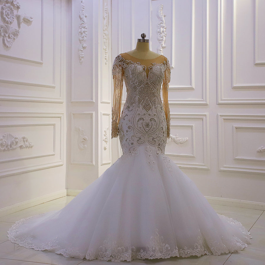 Elegant Long Sleeve Beaded Mermaid Wedding Dress AM1126 - Perfect for Beach, Church, and Formal Bridal Ceremonies