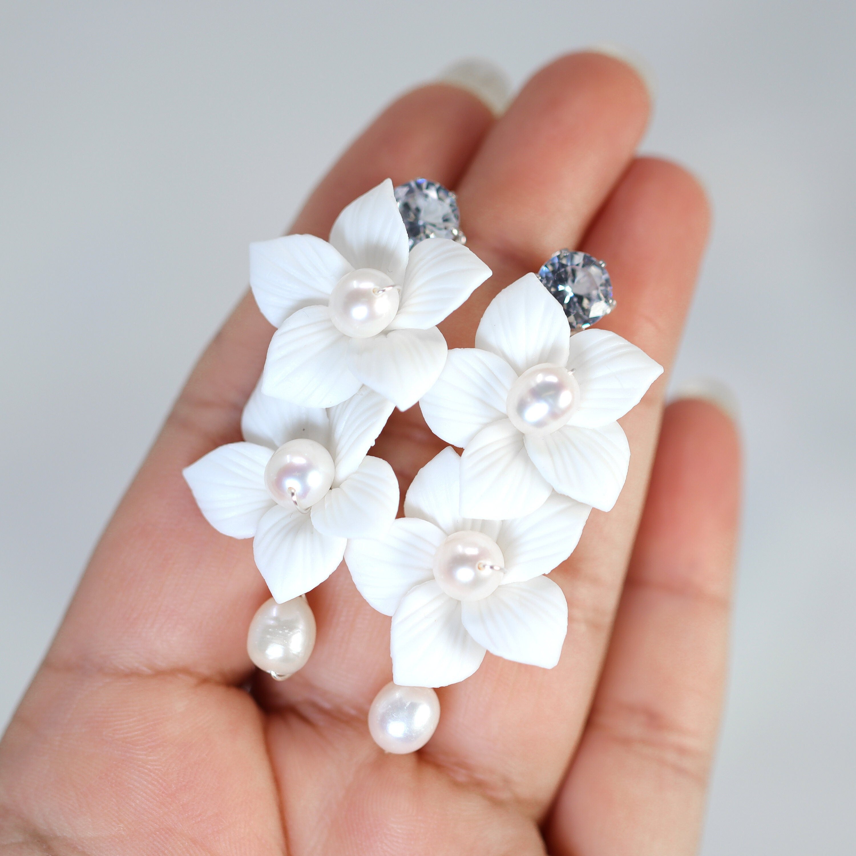 Swarovski Crystal Bridal Earrings - Natural Pearl & Porcelain Ceramic White Flower Dangle Earrings for Women | Sparkling Statement Jewelry for Weddings, Parties & Special Occasions