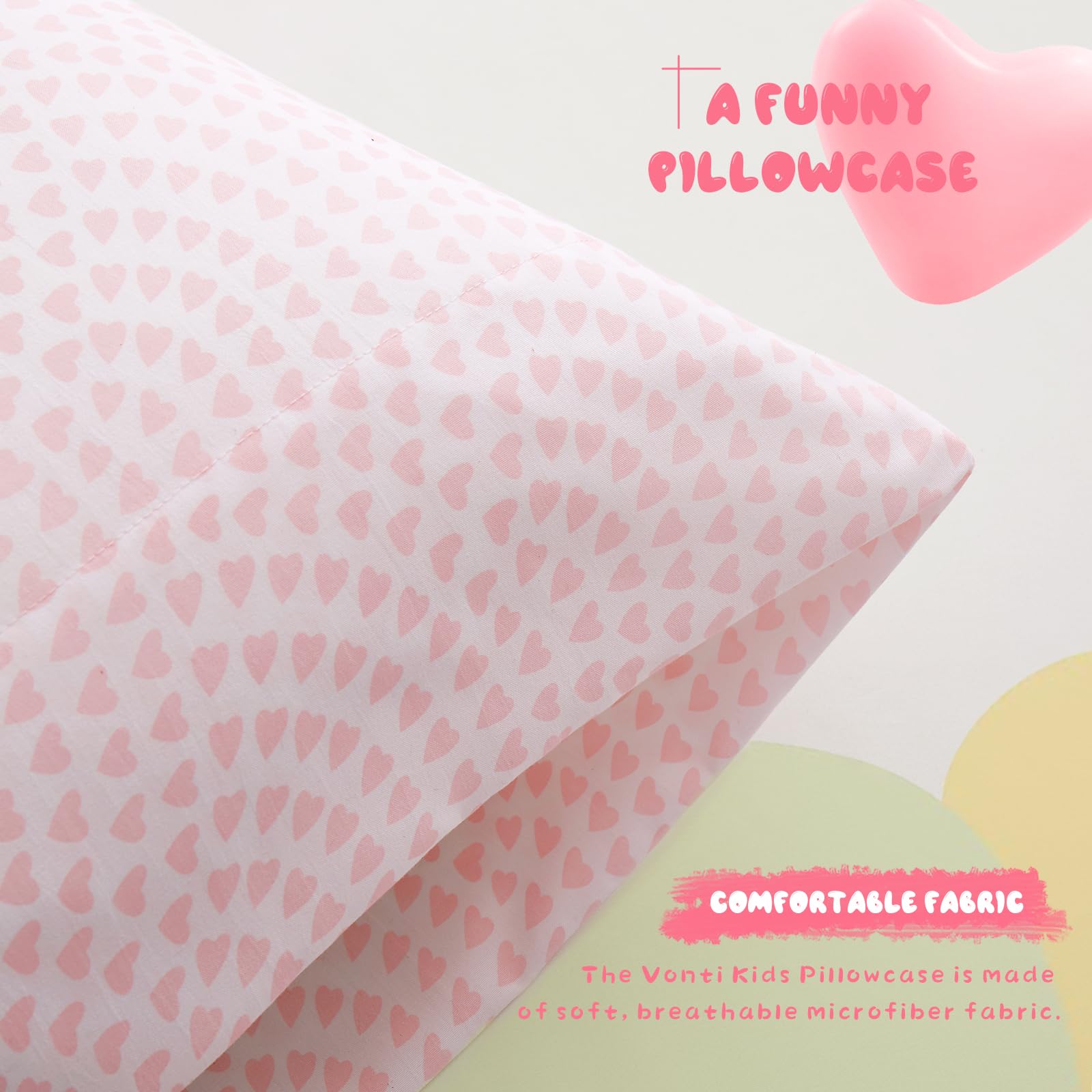 Vonty Pink Heart Printed Microfiber Kids Pillowcase Set (2 Pack) - Soft & Breathable Standard 20x26 Pillow Covers for Girls, Perfect for Bedroom Decor, Sleepovers, and Travel